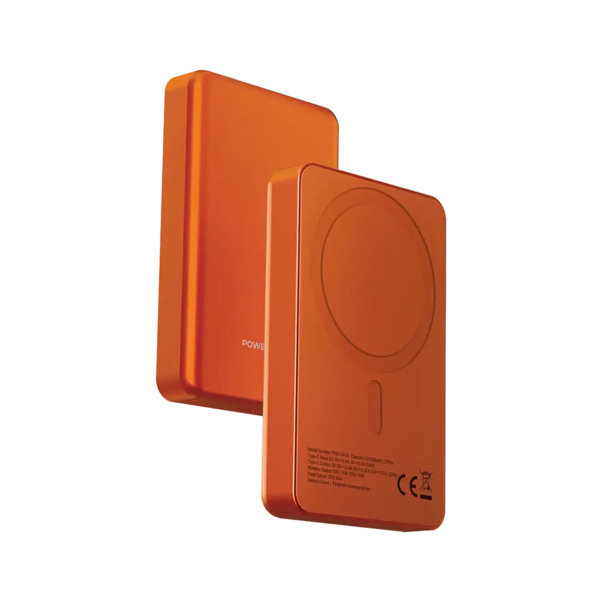 Orange power bank with wireless charging pad on a white background