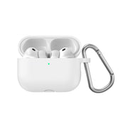 White wireless earbuds in a charging case with a carabiner on a white background