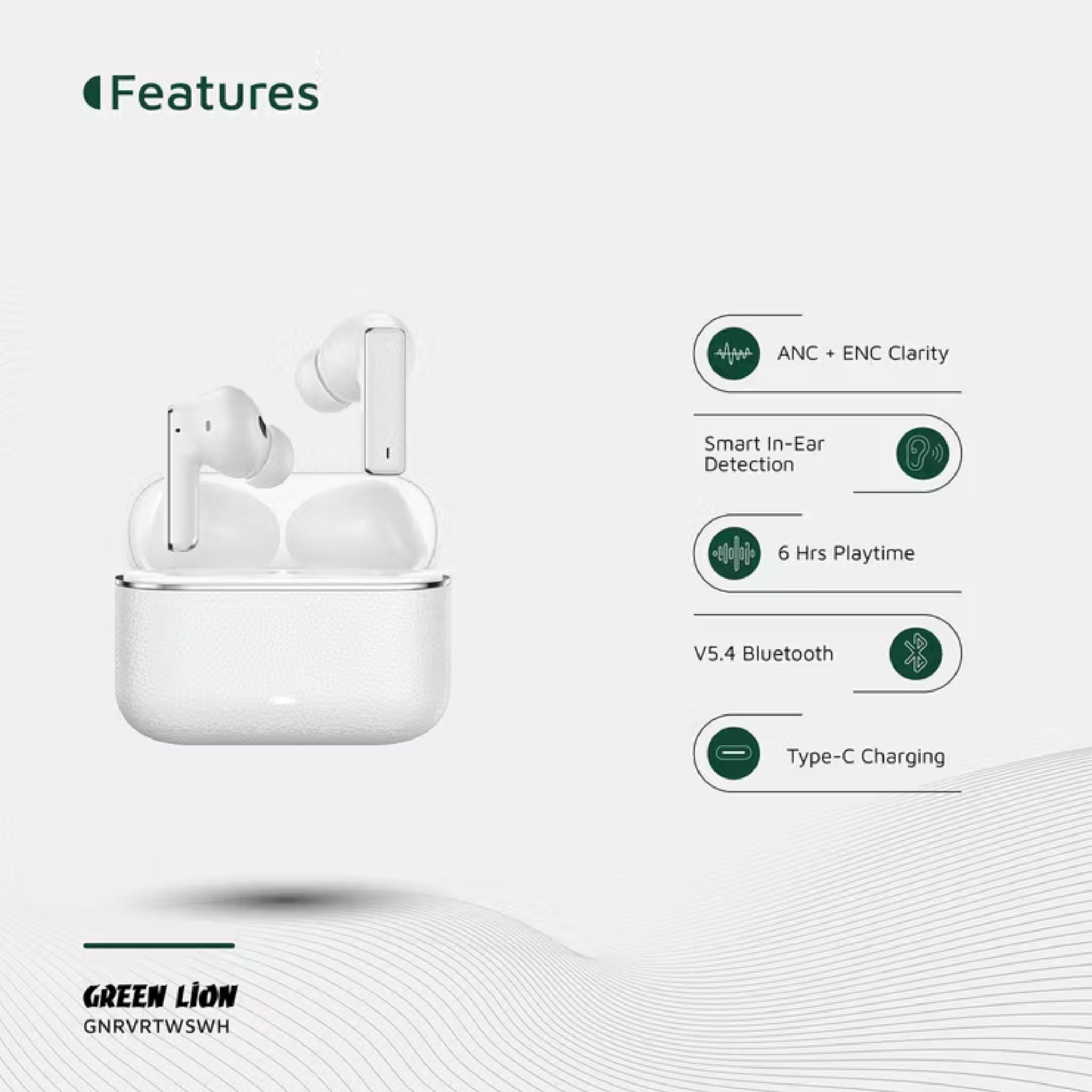 Green Lion River True Wireless Earbuds with ANC + ENC Clarity, Up to 7 Hours of Playtime, Smart in-Ear Detection, Bluetooth Version 5.4, -42dB Noise Reduction, 35 Hours Standby Time