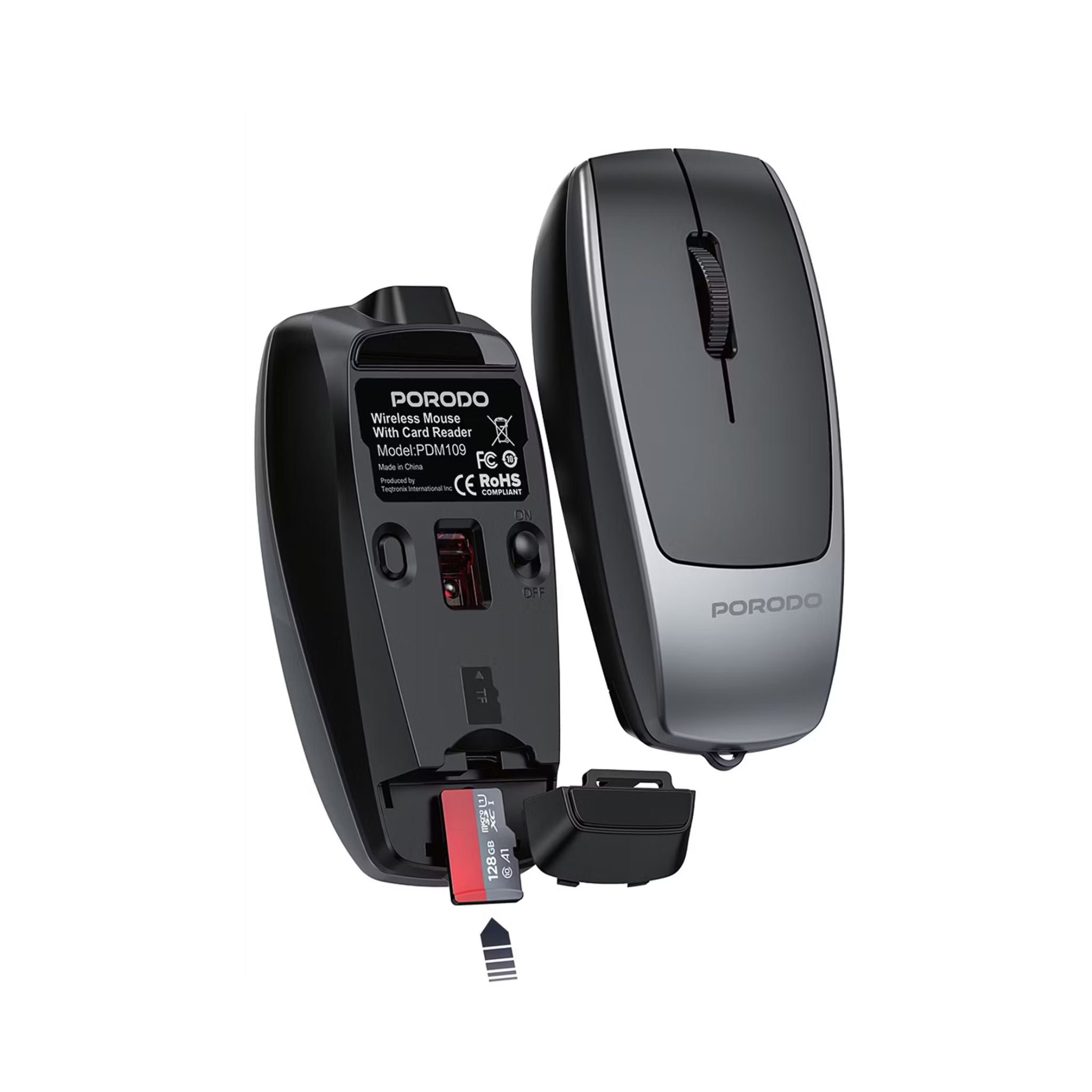 Porodo 1600DPI Wireless Mouse with Card Reader, 120mAh Battery, ABS Material, Bluetooth Version 5.1, 10m Working Distance, Silent Efficient Performance, Plug & Play - Black