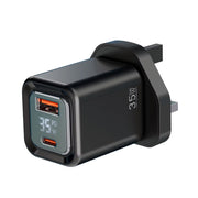Black power adapter with digital display on a white background