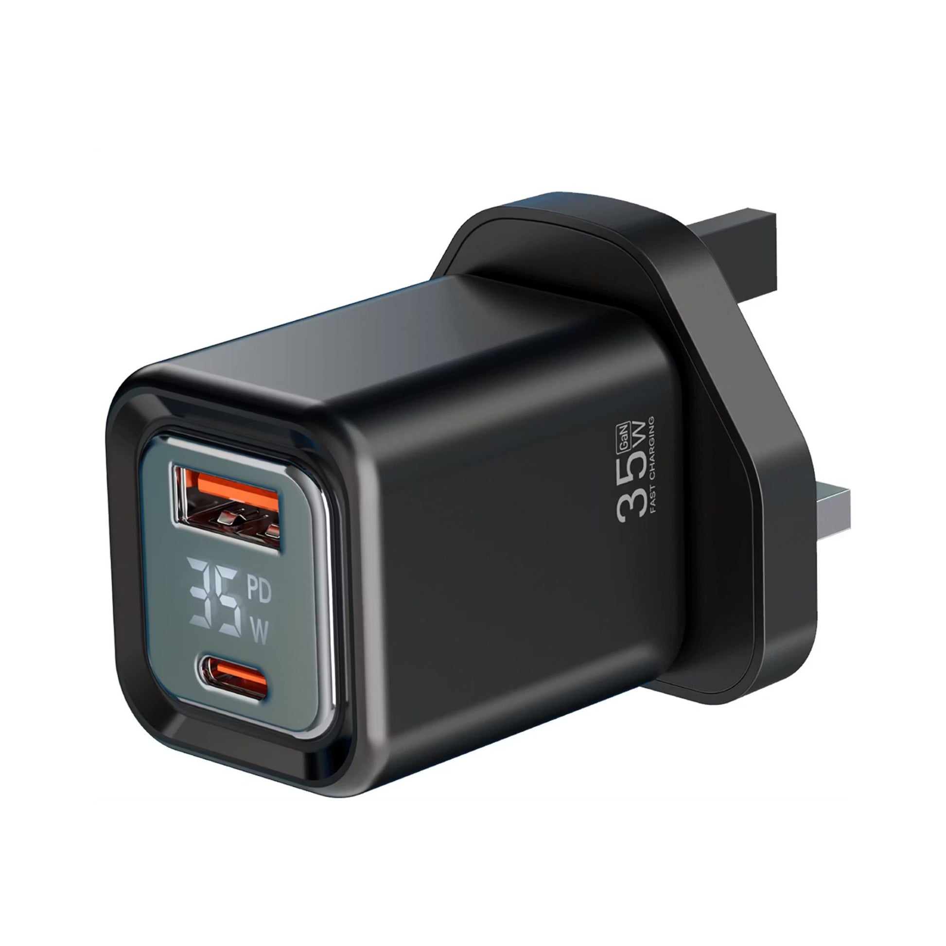 Black power adapter with digital display on a white background
