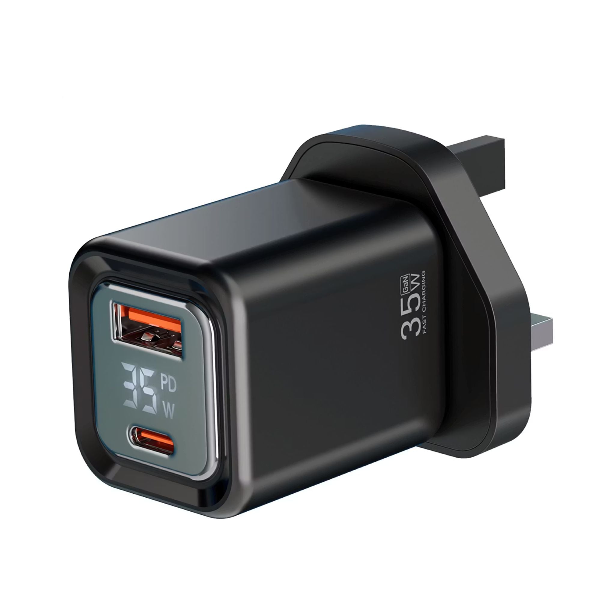Black power adapter with digital display on a white background