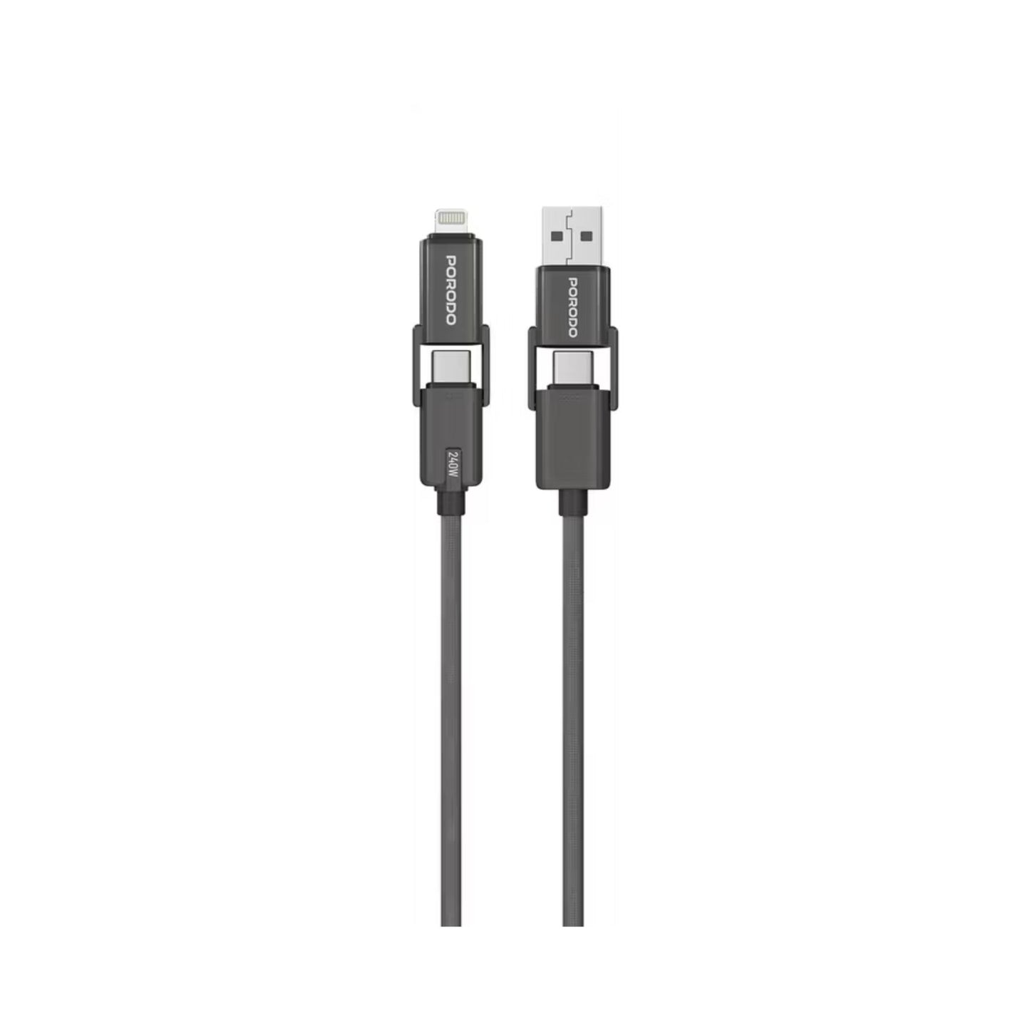 Porodo 4-in-1 Braided High-Speed Charging Cable with USB-C & USB-A Inputs, Lightning & Type-C Outputs, 240W USB-C to USB-C Output, Universal Compatibility - Black