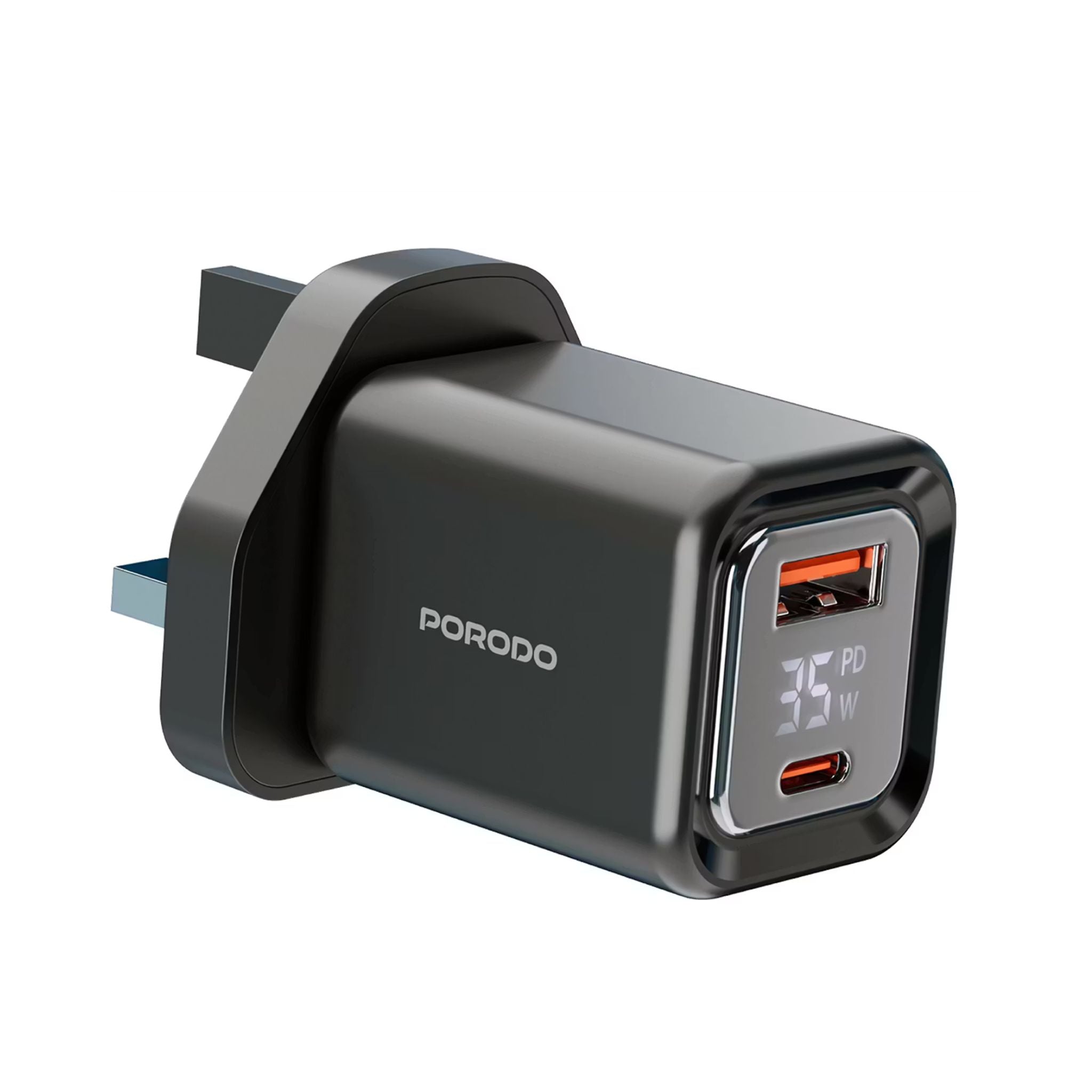 Porodo Dual-Port Quick Wall Charger with 35W Power Delivery, Built-in Safeguards, Digital Display, 0.8A Maximum Rated Current, GaN Technology - Black