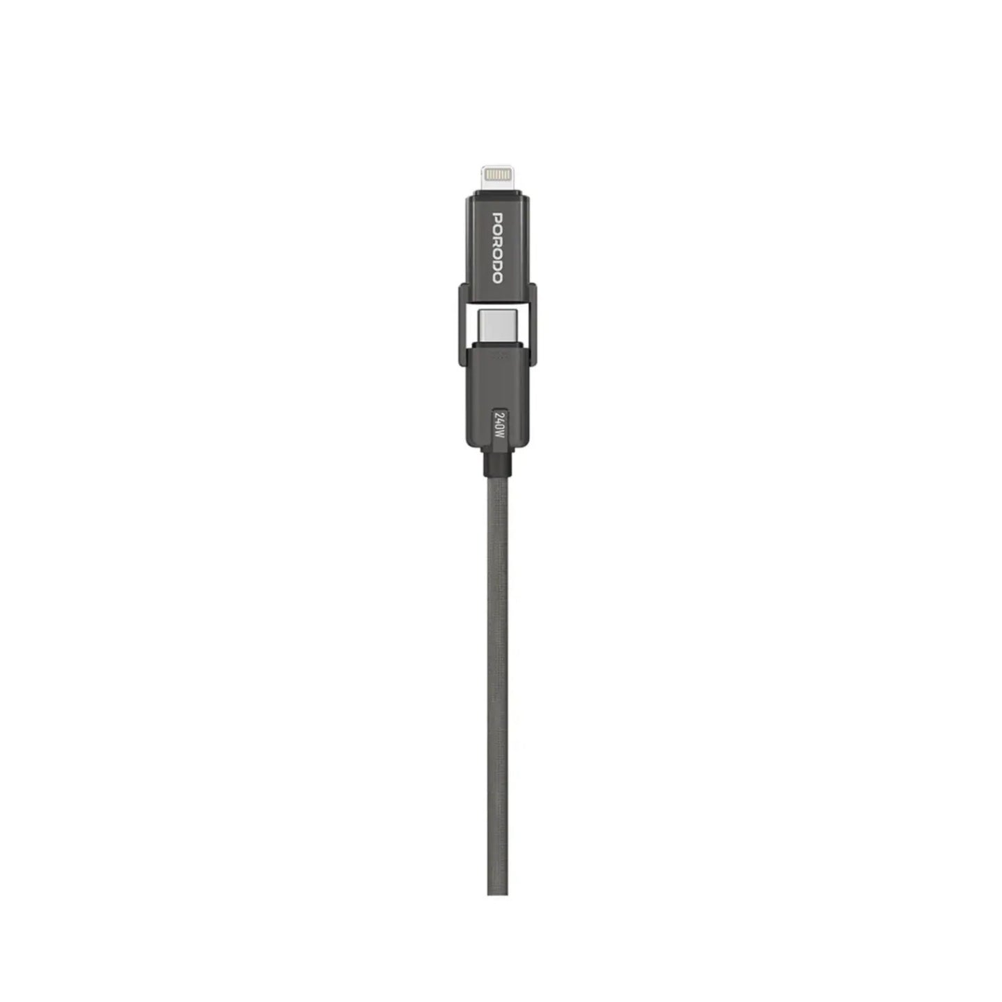 Porodo 4-in-1 Braided High-Speed Charging Cable with USB-C & USB-A Inputs, Lightning & Type-C Outputs, 240W USB-C to USB-C Output, Universal Compatibility - Black