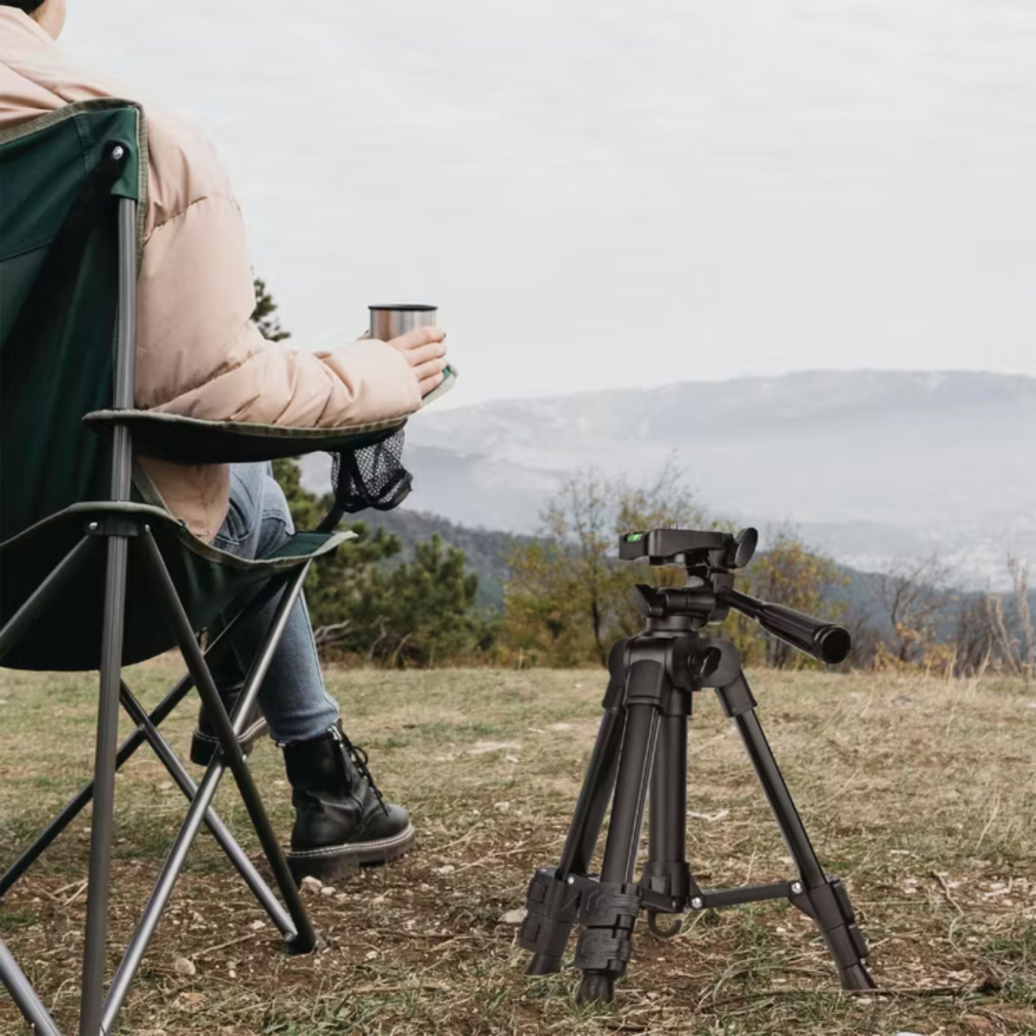 Green Lion GTP-50 Professional Aluminum Tripod with Mobile Phone Holder, 90° Flexible Pivot, 61cm Extended Height, Non-Slip Base, Telescope Design - Black