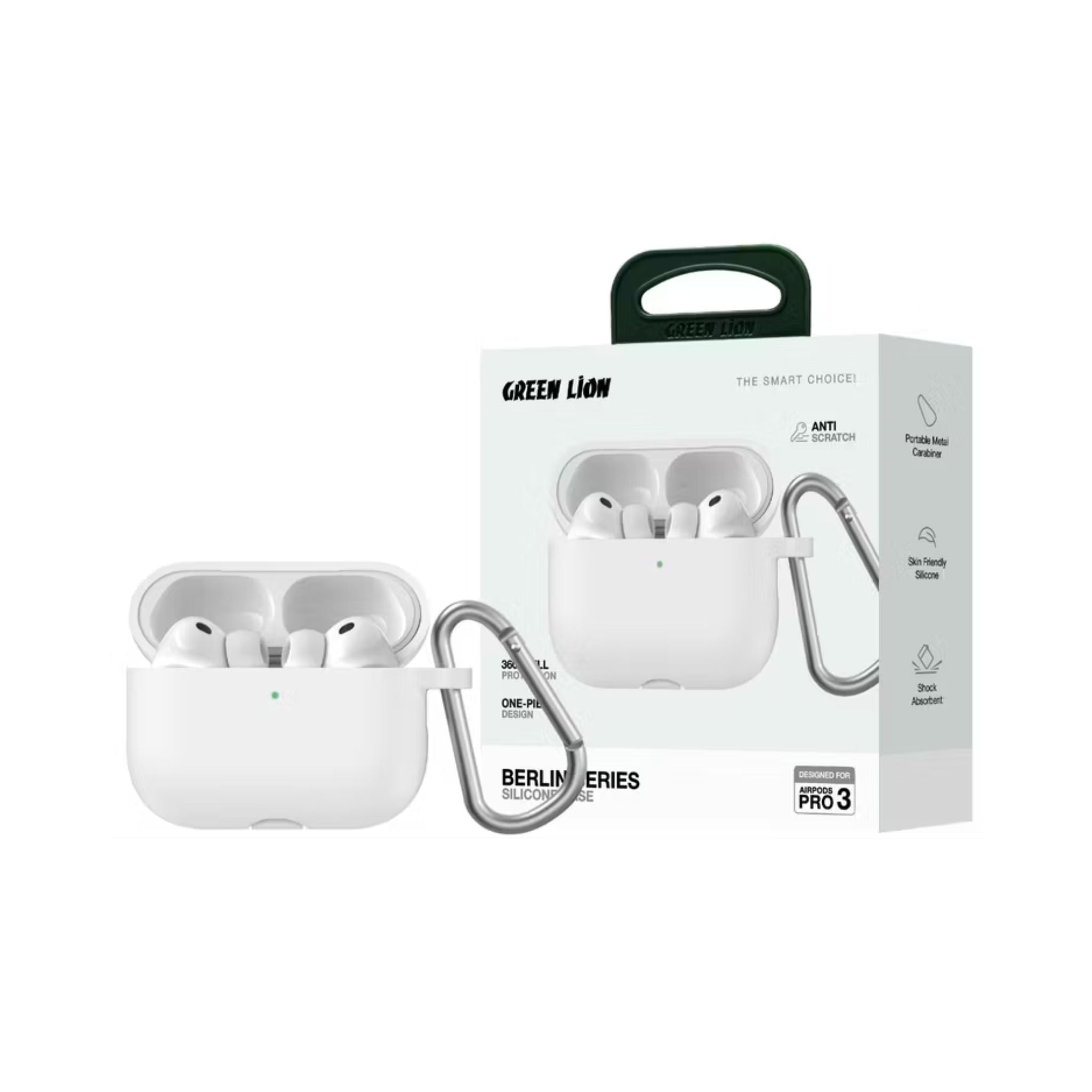 Green Lion Berlin Series Silicone Case for AirPods Pro 3 with Portable Metal Carabiner, 360° Full Protection, Seamless Fit, Skin-Friendly Touch, One-Piece Design, Anti-Scratch, Shockproof - White