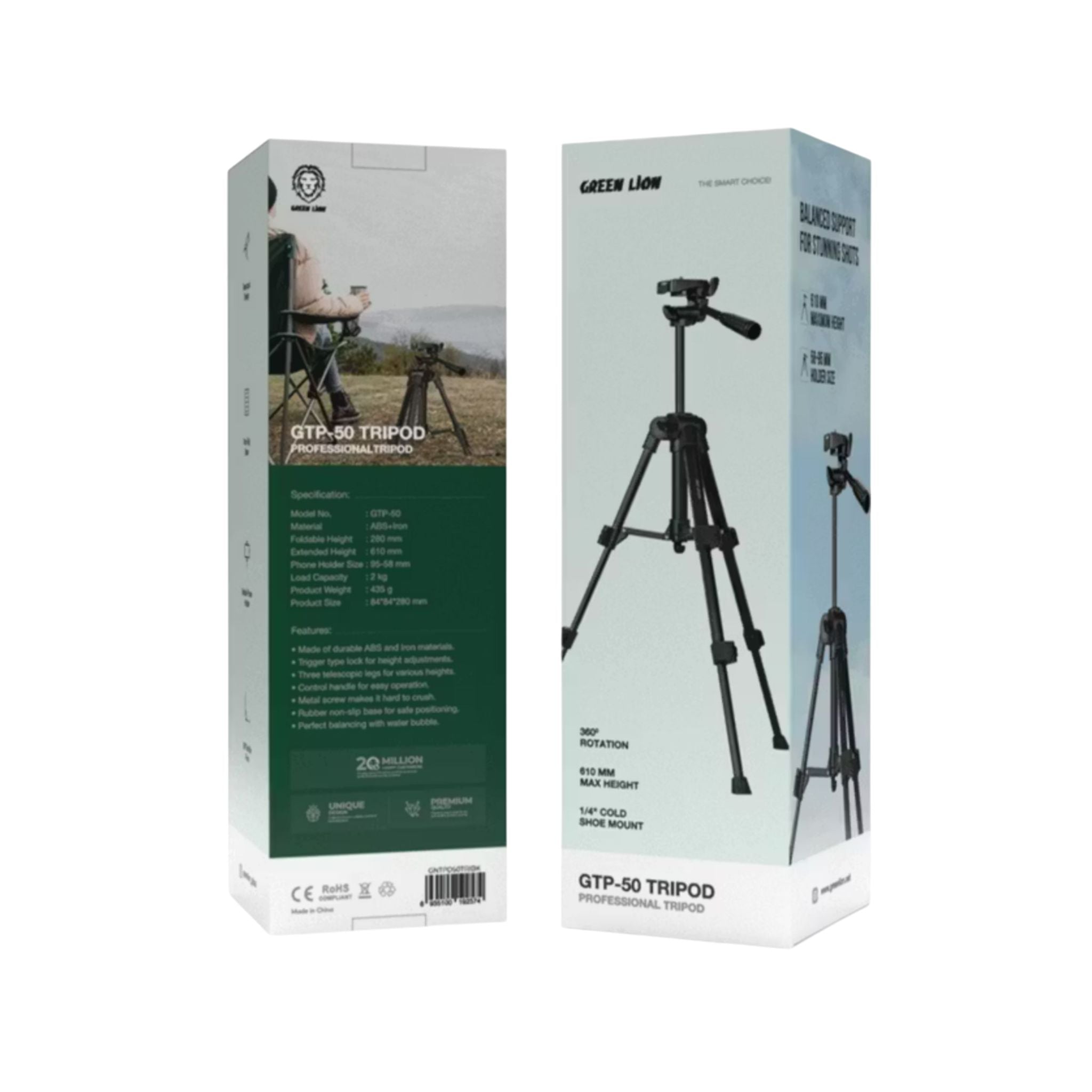 Green Lion GTP-50 Professional Aluminum Tripod with Mobile Phone Holder, 90° Flexible Pivot, 61cm Extended Height, Non-Slip Base, Telescope Design - Black