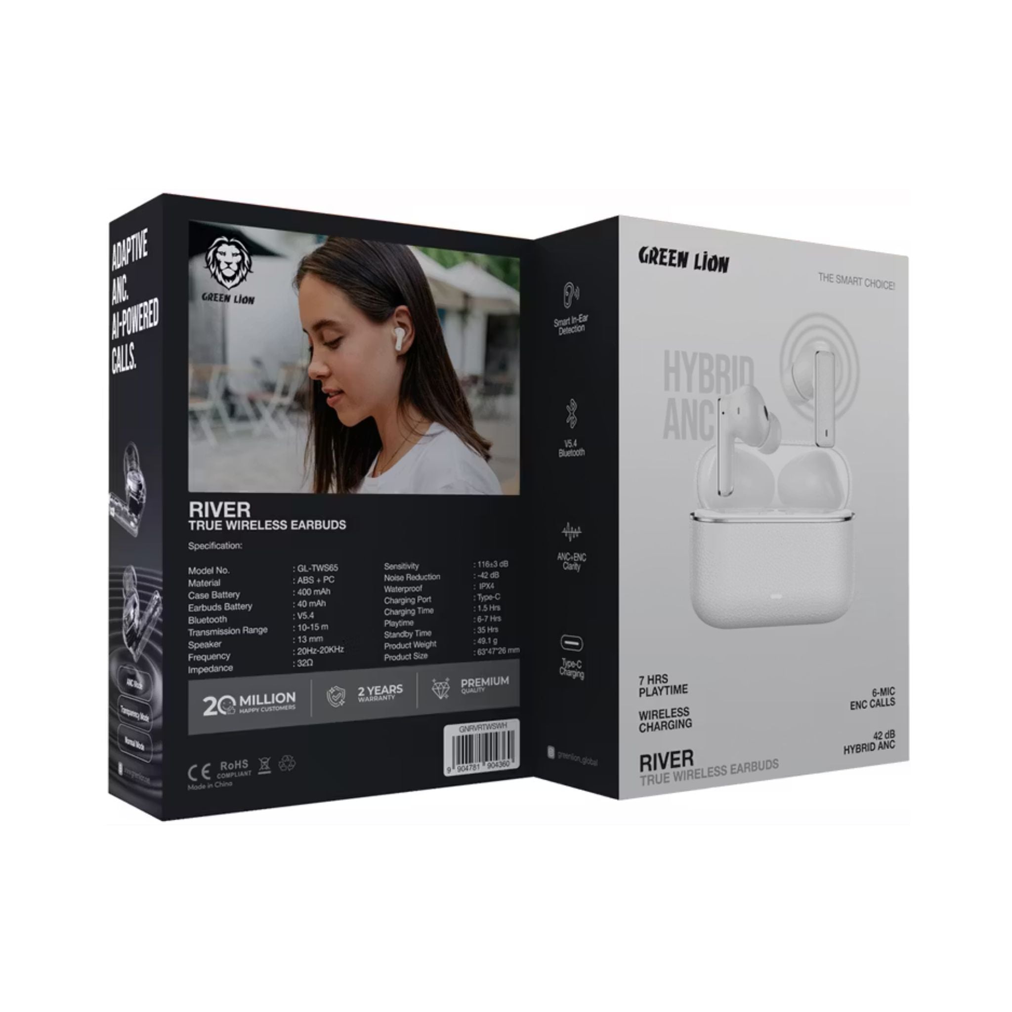 Green Lion River True Wireless Earbuds with ANC + ENC Clarity, Up to 7 Hours of Playtime, Smart in-Ear Detection, Bluetooth Version 5.4, -42dB Noise Reduction, 35 Hours Standby Time