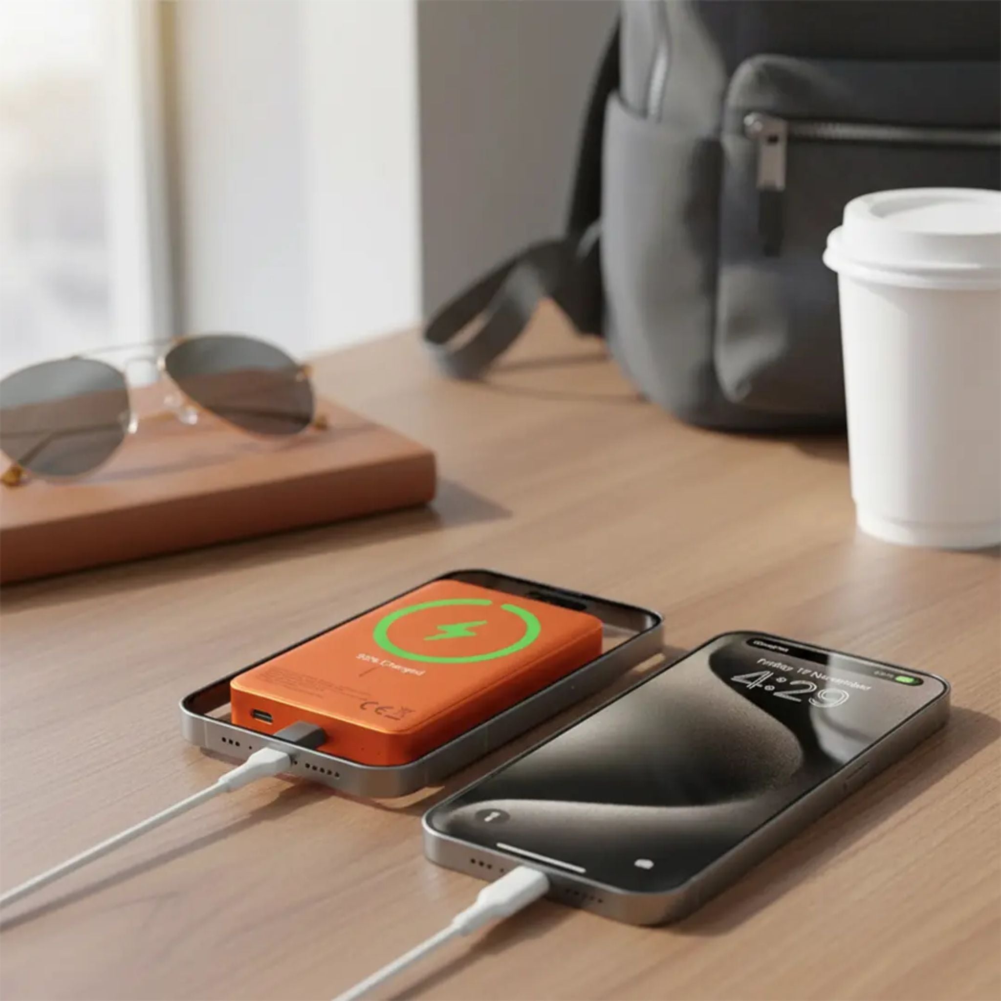 Powerology 10000mAh MagSafe Aluminum Power Bank with Battery Level Indicator, Lightweight & Compact Design, Fast & Simultaneous Charging, Type-C Input & Output, 15W Wireless Output - Orange