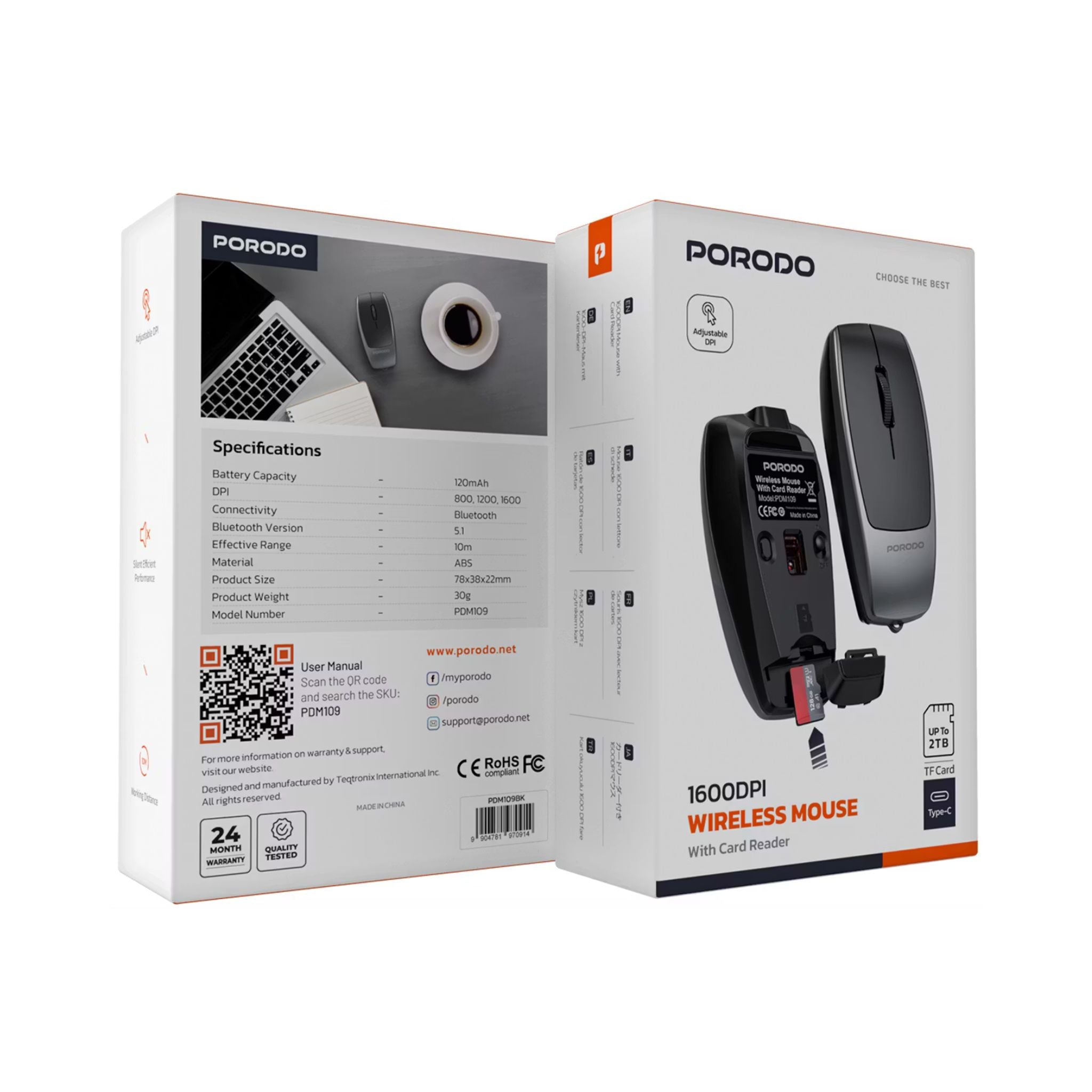 Porodo 1600DPI Wireless Mouse with Card Reader, 120mAh Battery, ABS Material, Bluetooth Version 5.1, 10m Working Distance, Silent Efficient Performance, Plug & Play - Black