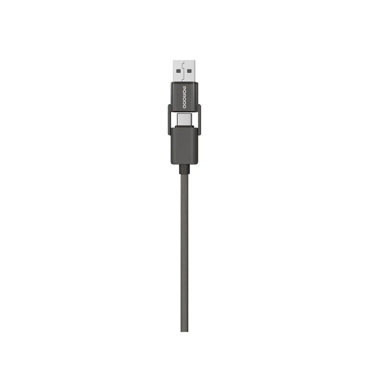 Porodo 4-in-1 Braided High-Speed Charging Cable with USB-C & USB-A Inputs, Lightning & Type-C Outputs, 240W USB-C to USB-C Output, Universal Compatibility - Black
