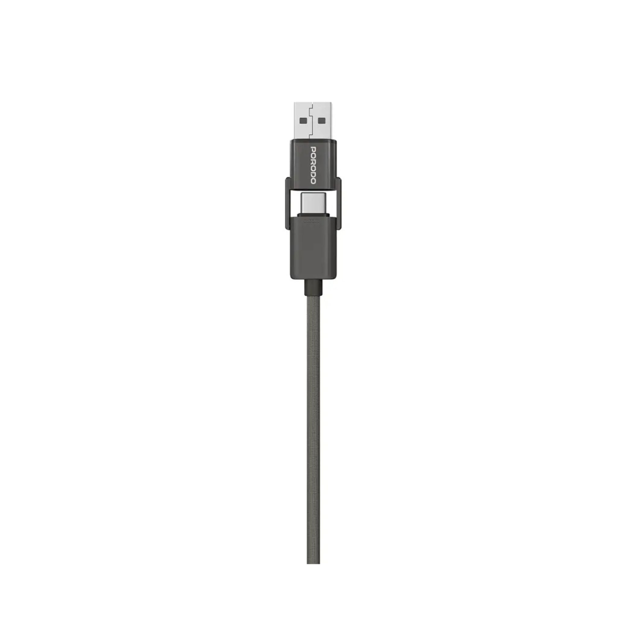 Porodo 4-in-1 Braided High-Speed Charging Cable with USB-C & USB-A Inputs, Lightning & Type-C Outputs, 240W USB-C to USB-C Output, Universal Compatibility - Black