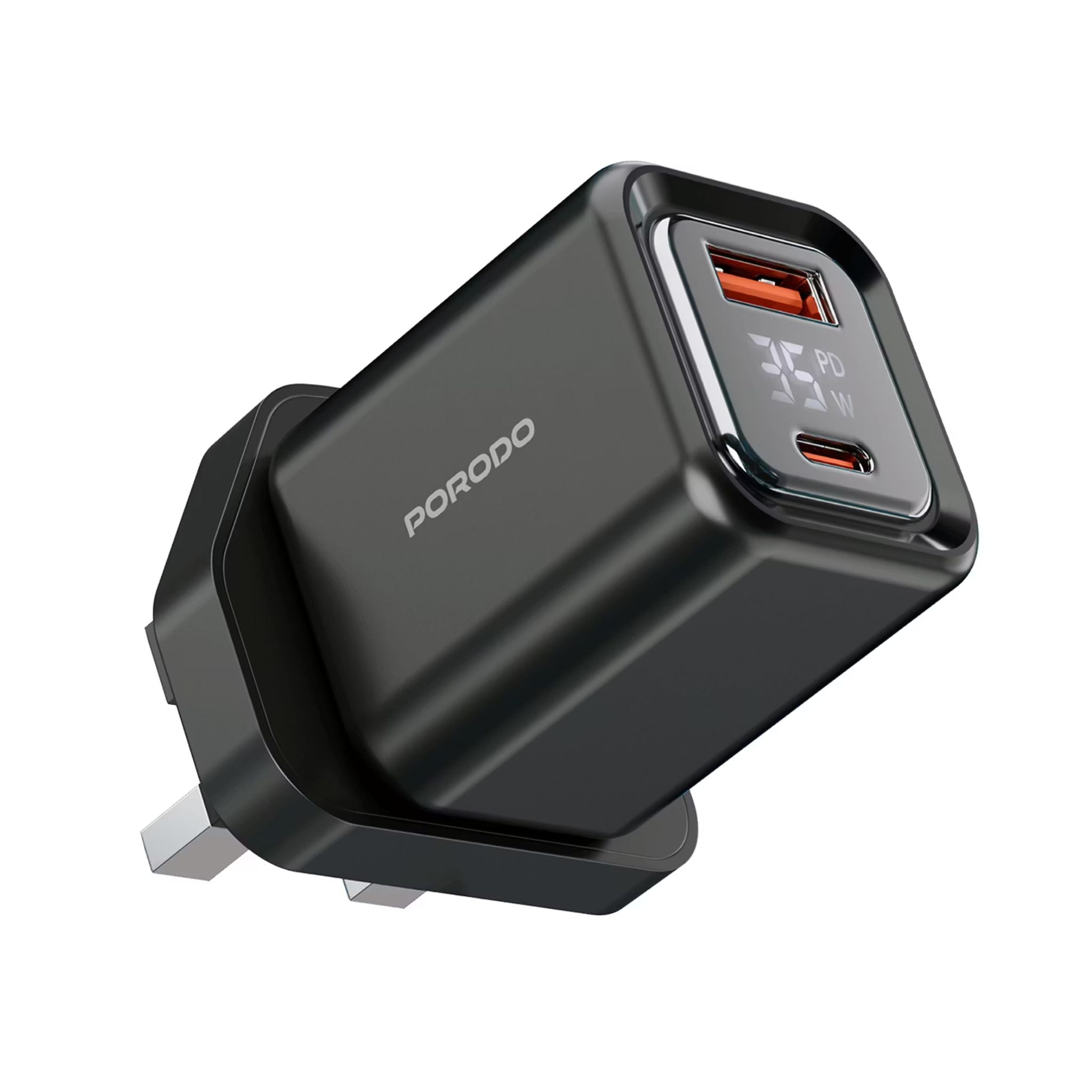 Porodo Dual-Port Quick Wall Charger with 35W Power Delivery, Built-in Safeguards, Digital Display, 0.8A Maximum Rated Current, GaN Technology - Black