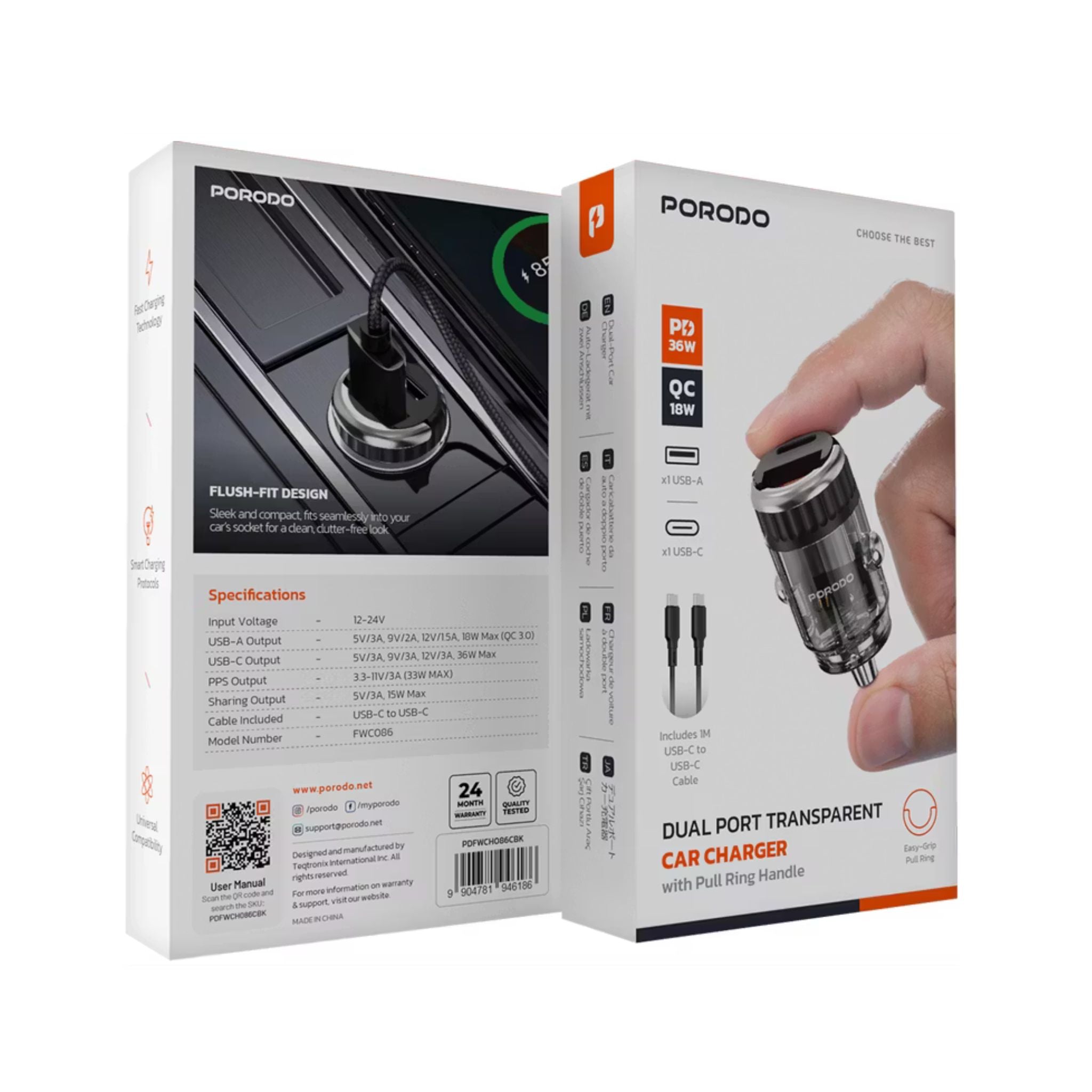 Porodo Dual Port Transparent Car Charger with USB-C to USB-C Cable, PD 36W, QC 18W, USB-A & USB-C Ports, Pull Ring Handle, Fast Charging Technology, Smart Charging Protocols, Universal Compatibility - Black