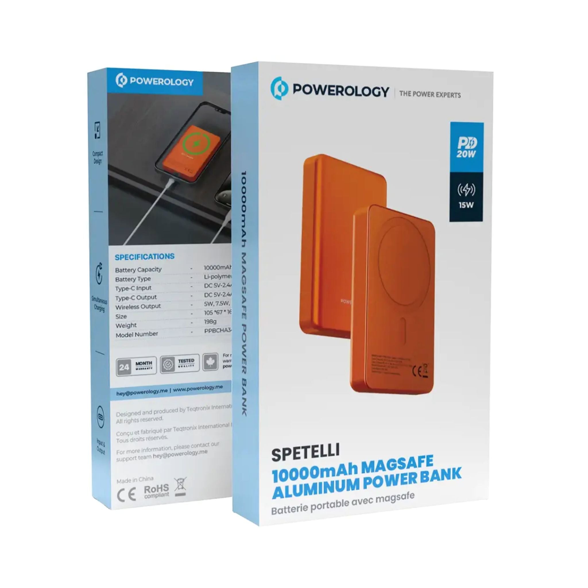 Powerology 10000mAh MagSafe Aluminum Power Bank with Battery Level Indicator, Lightweight & Compact Design, Fast & Simultaneous Charging, Type-C Input & Output, 15W Wireless Output - Orange