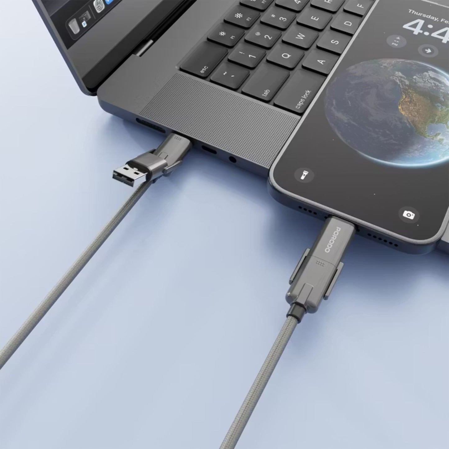 Porodo 4-in-1 Braided High-Speed Charging Cable with USB-C & USB-A Inputs, Lightning & Type-C Outputs, 240W USB-C to USB-C Output, Universal Compatibility - Black