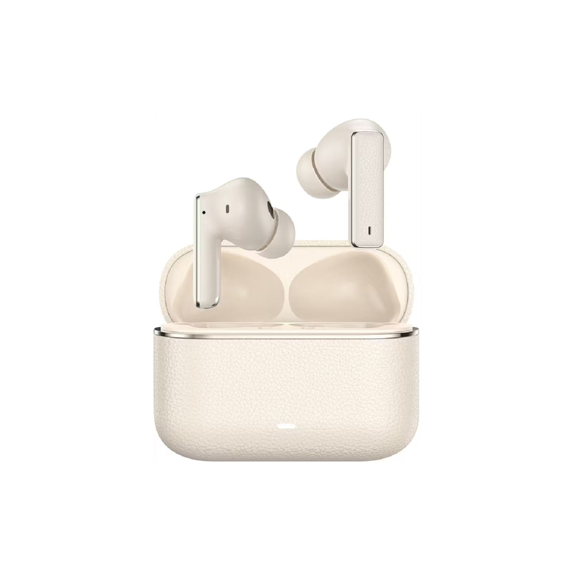 White wireless earbuds with charging case on a white background