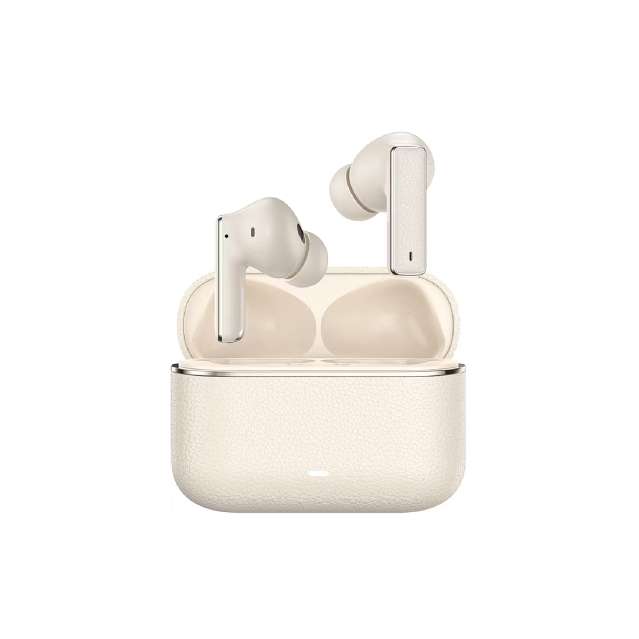 White wireless earbuds with charging case on a white background
