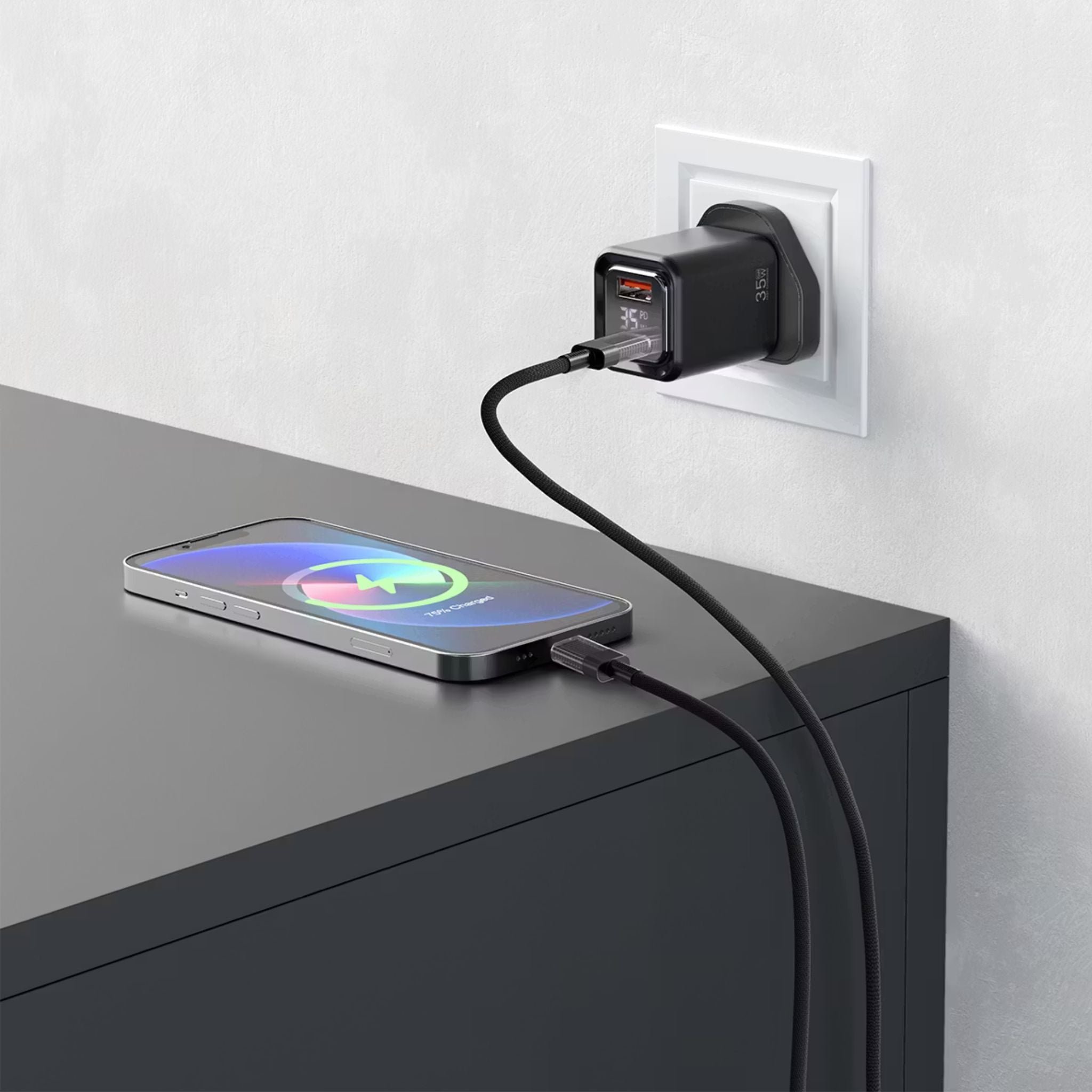 Porodo Dual-Port Quick Wall Charger with 35W Power Delivery, Built-in Safeguards, Digital Display, 0.8A Maximum Rated Current, GaN Technology - Black