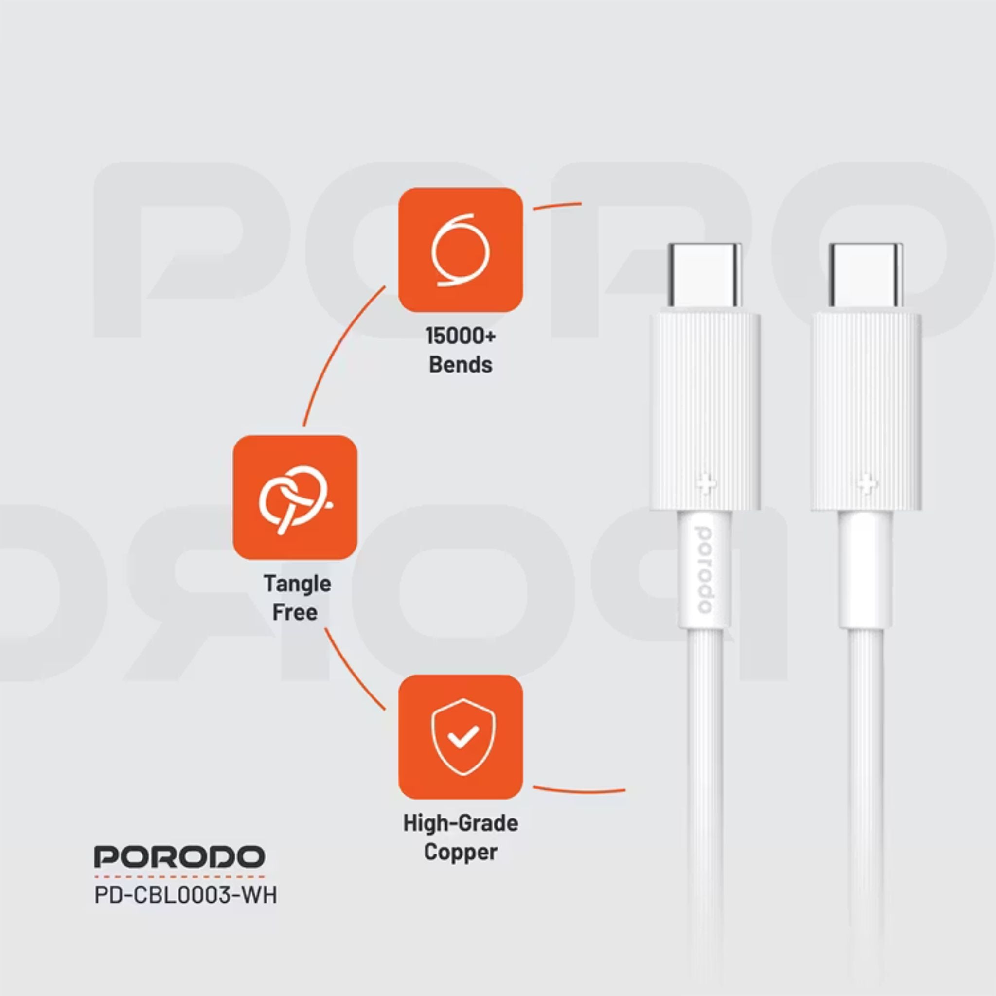 Porodo USB-C to USB-C PVC Cable, 480Mbps Transfer Speed, 60W Power Delivery, more than 15000 Bends Life Span, 1.2m Cable Length, Tangle Free - White