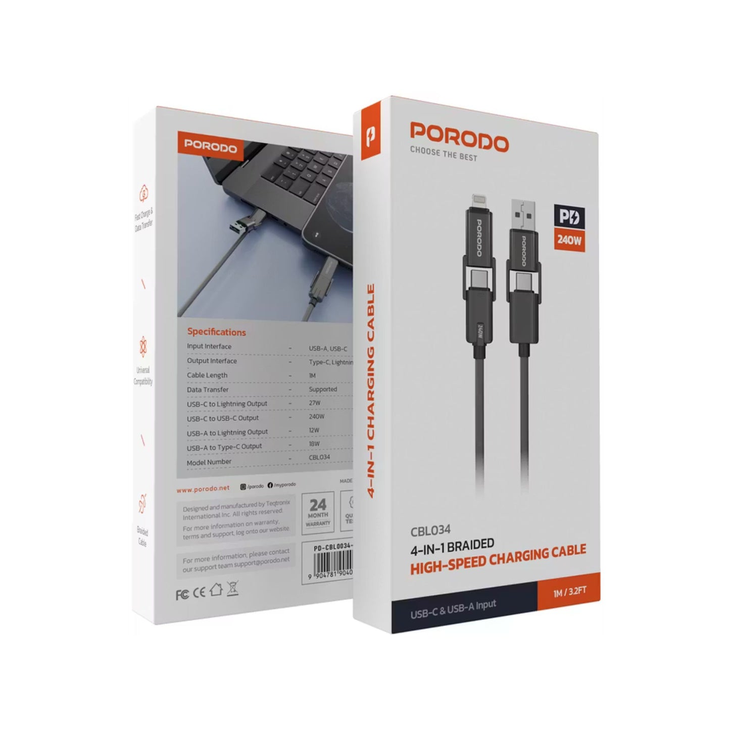 Porodo 4-in-1 Braided High-Speed Charging Cable with USB-C & USB-A Inputs, Lightning & Type-C Outputs, 240W USB-C to USB-C Output, Universal Compatibility - Black