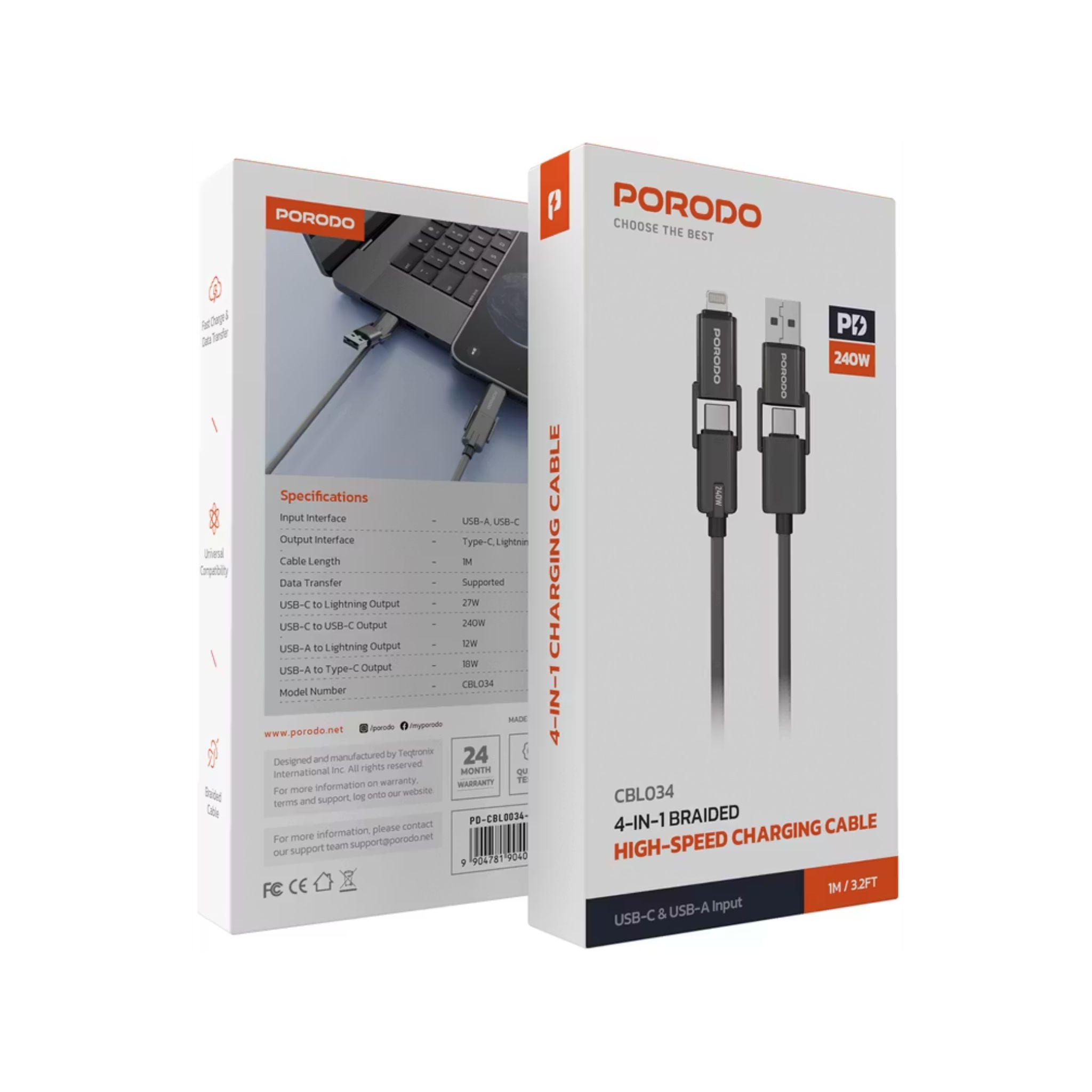 Porodo 4-in-1 Braided High-Speed Charging Cable with USB-C & USB-A Inputs, Lightning & Type-C Outputs, 240W USB-C to USB-C Output, Universal Compatibility - Black