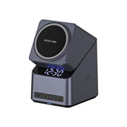 Gray electronic device with digital display and control buttons on a white background