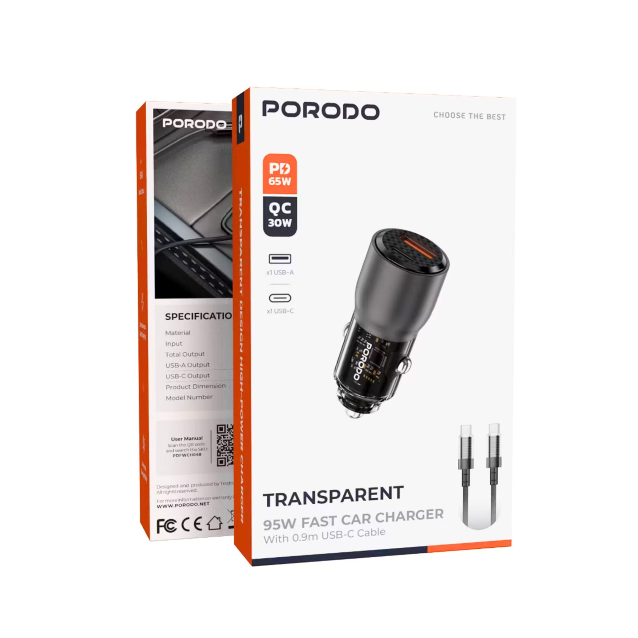 Porodo 95W Transparent Car Charger with 90cm USB-C to USB-C Cable, Zinc Alloy & PC Material, 30W USB-A & 65W USB-C Outputs, Simultaneous Fast Charging, Universal Compatibility - Gray