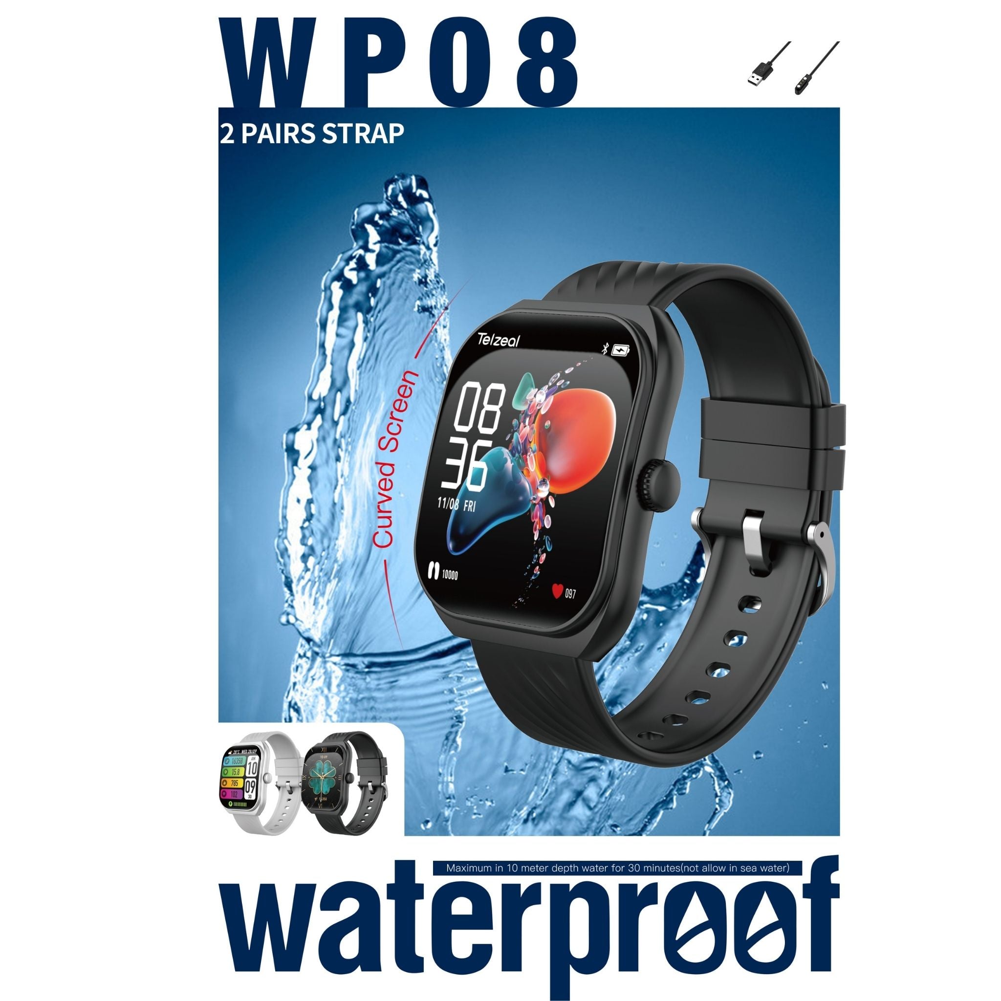 Telzeal WP08 Waterproof Smartwatch with Curved Full-Touch Display, Dual Strap Set (2 Pairs), Stylish & Comfortable Design – Black