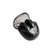 A pair of black wireless earbuds with a charging case.