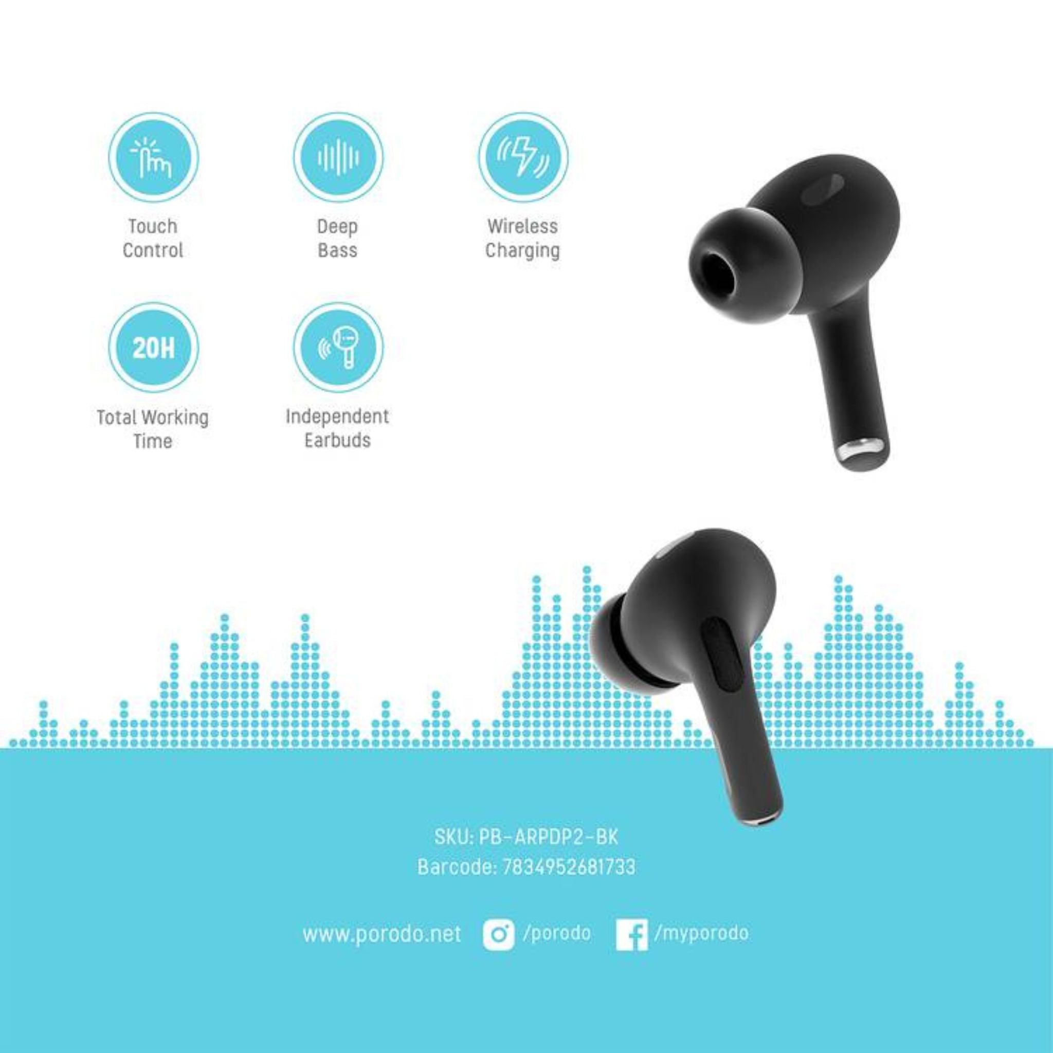 Porodo Blue Earbuds Pro 2 With Swipe Volume, 20 Hours Working Time, Wireless Charging, Deep Bass, Independent Earbuds, Touch Control - Black