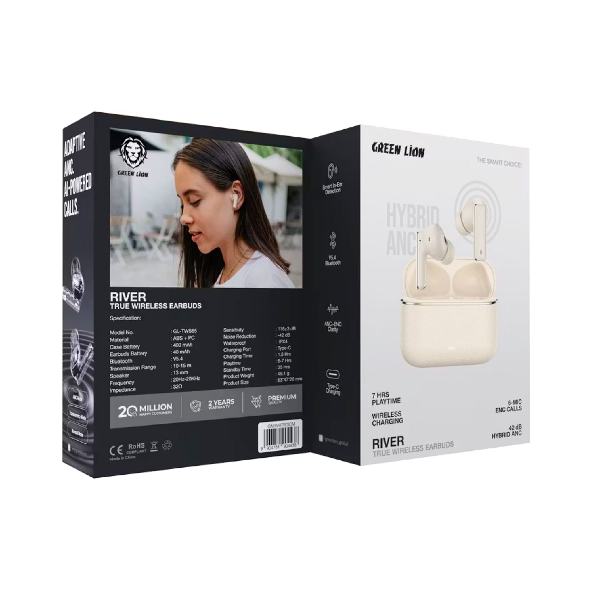 Green Lion River True Wireless Earbuds with ANC + ENC Clarity, Up to 7 Hours of Playtime, Smart in-Ear Detection, Bluetooth Version 5.4, -42dB Noise Reduction, 35 Hours Standby Time