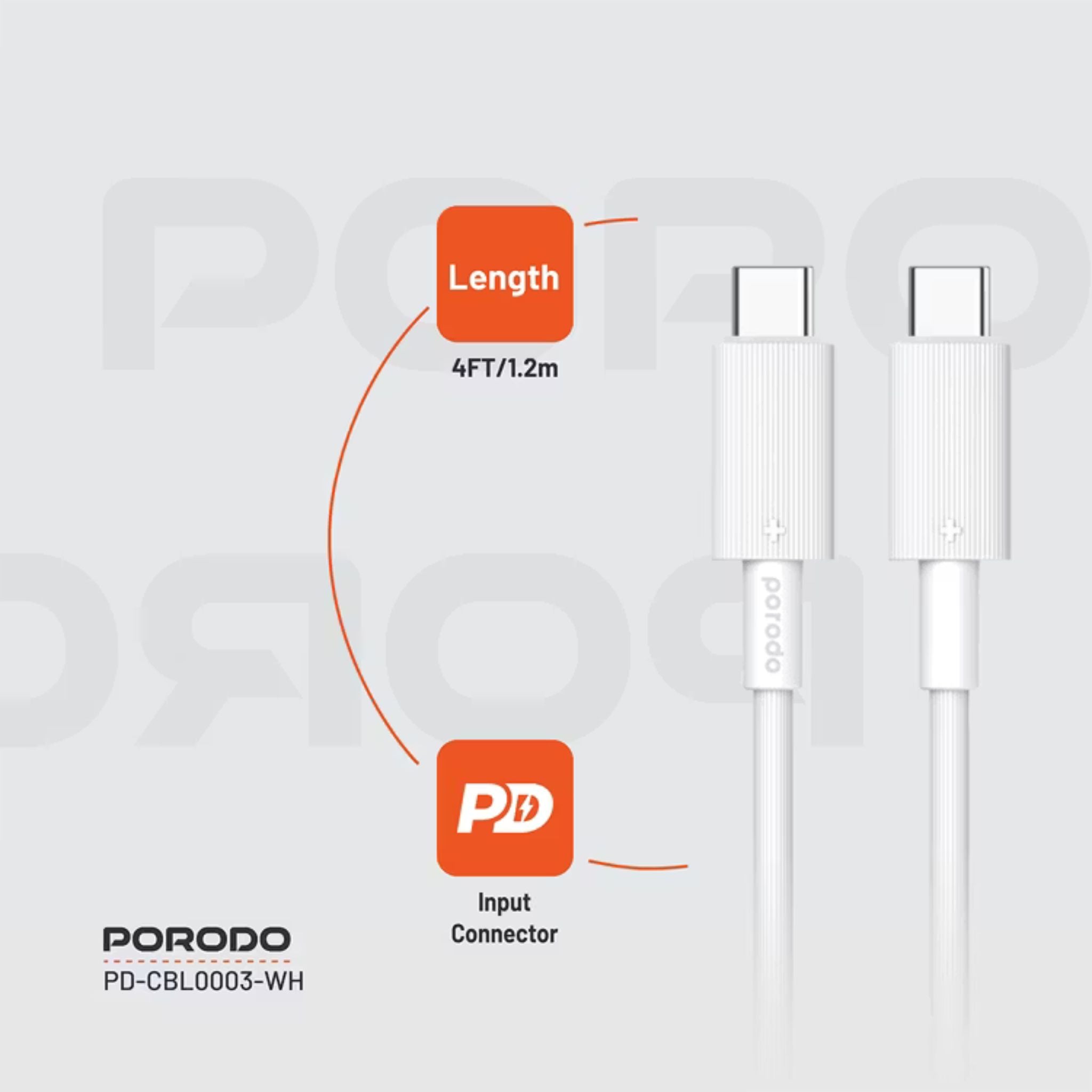 Porodo USB-C to USB-C PVC Cable, 480Mbps Transfer Speed, 60W Power Delivery, more than 15000 Bends Life Span, 1.2m Cable Length, Tangle Free - White