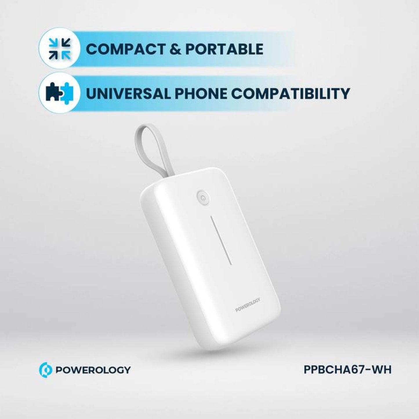 Powerology 20000mAh Power Bank with Detachable USB-C Wire, 30W Power Delivery, 3-Device Charging, Long Time Standby, Universal Phone Compatibility, Built-in Safeguards - White