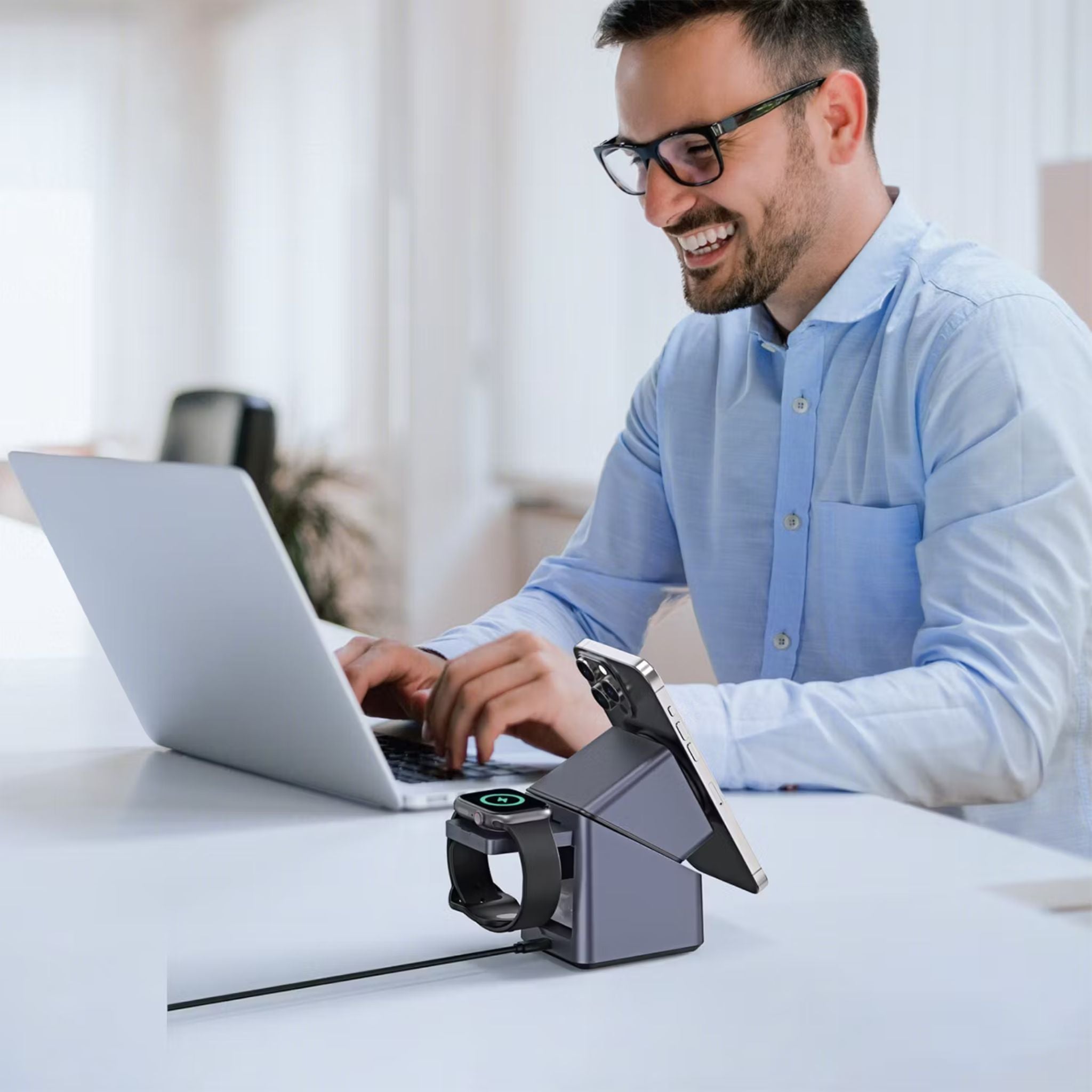 Green Lion 4-Device Multi Wireless Charger with Adjustable Viewing Angle, 15W Wireless Output, N52 Magnets, 180° Auto Rotation, Smart Tilt Head, Digital Clock - Gray