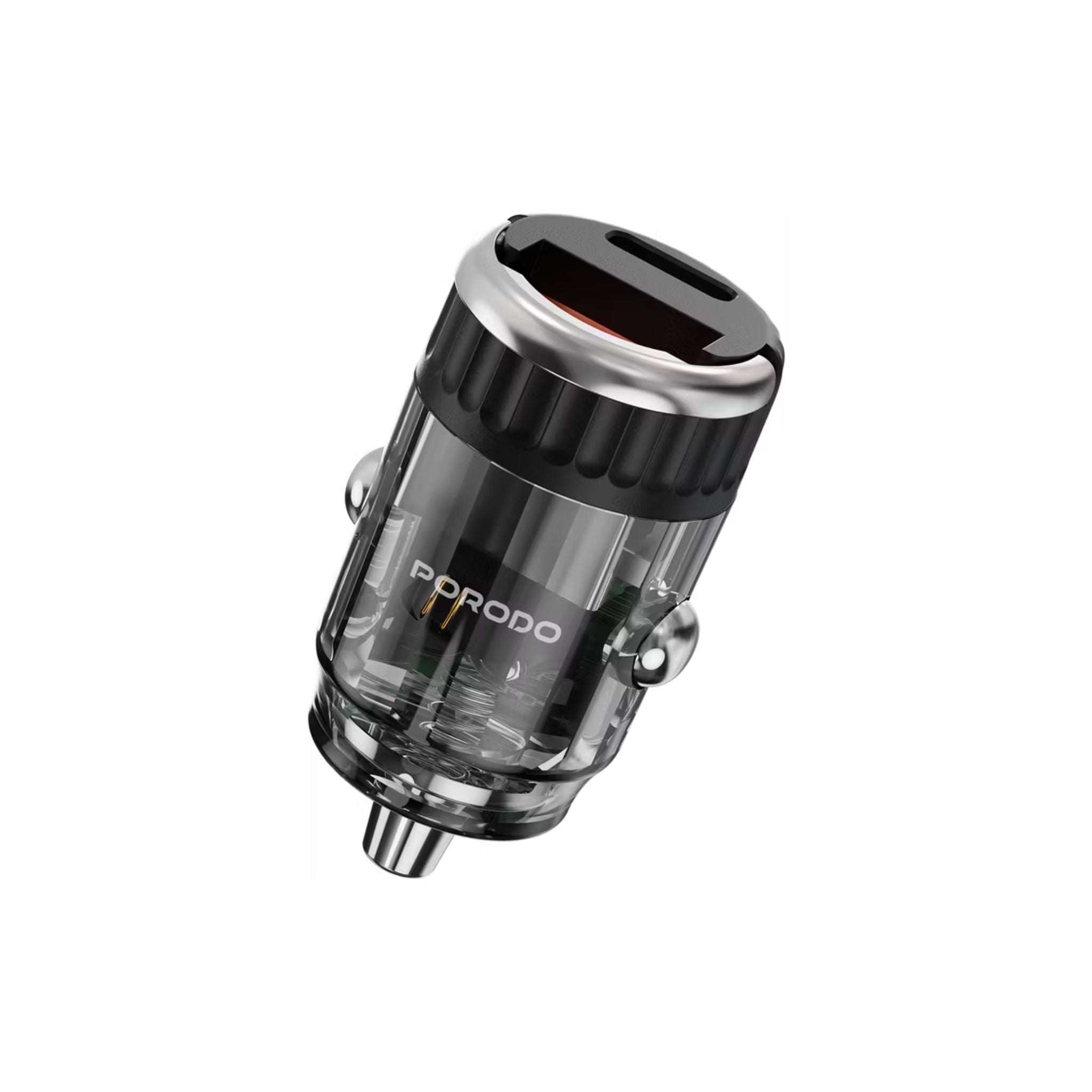 Porodo Dual Port Transparent Car Charger with USB-C to Lightning Cable, PD 36W, QC 18W, USB-A & USB-C Ports, Pull Ring Handle, Fast Charging Technology, Smart Charging Protocols, Universal Compatibility - Black