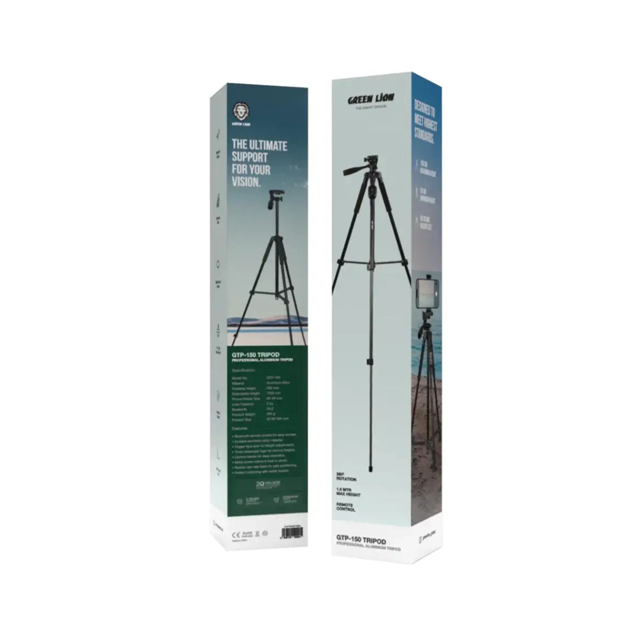 Green Lion GTP-150 Professional Aluminum Tripod with Mobile Phone Holder, 90° Flexible Pivot, 150cm Extended Height, Non-Slip Base, Telescope Design - Black