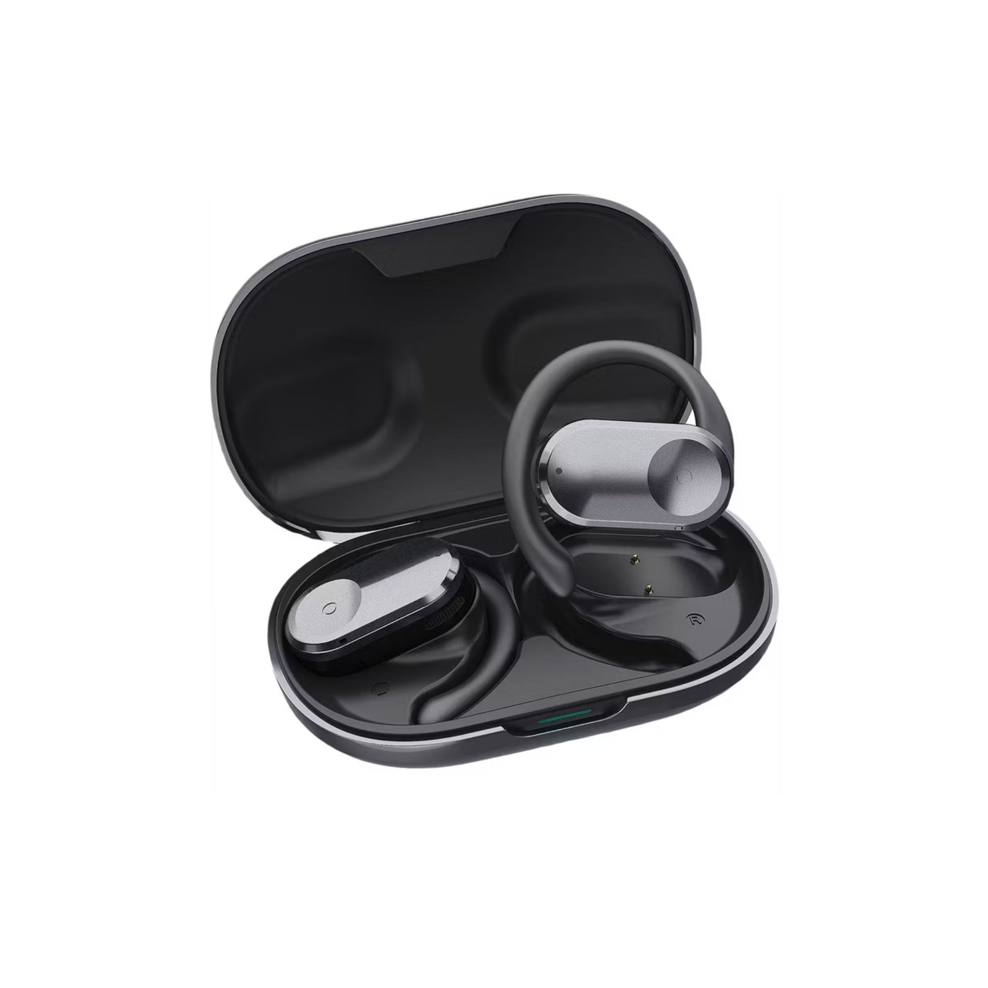 Black wireless earbuds in a charging case on a white background