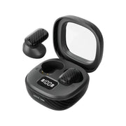 Black wireless earbuds with charging case on a white background