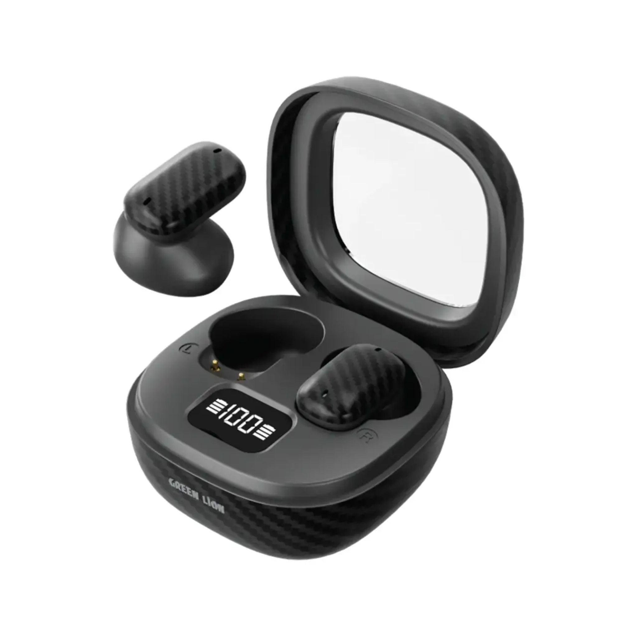 Black wireless earbuds with charging case on a white background