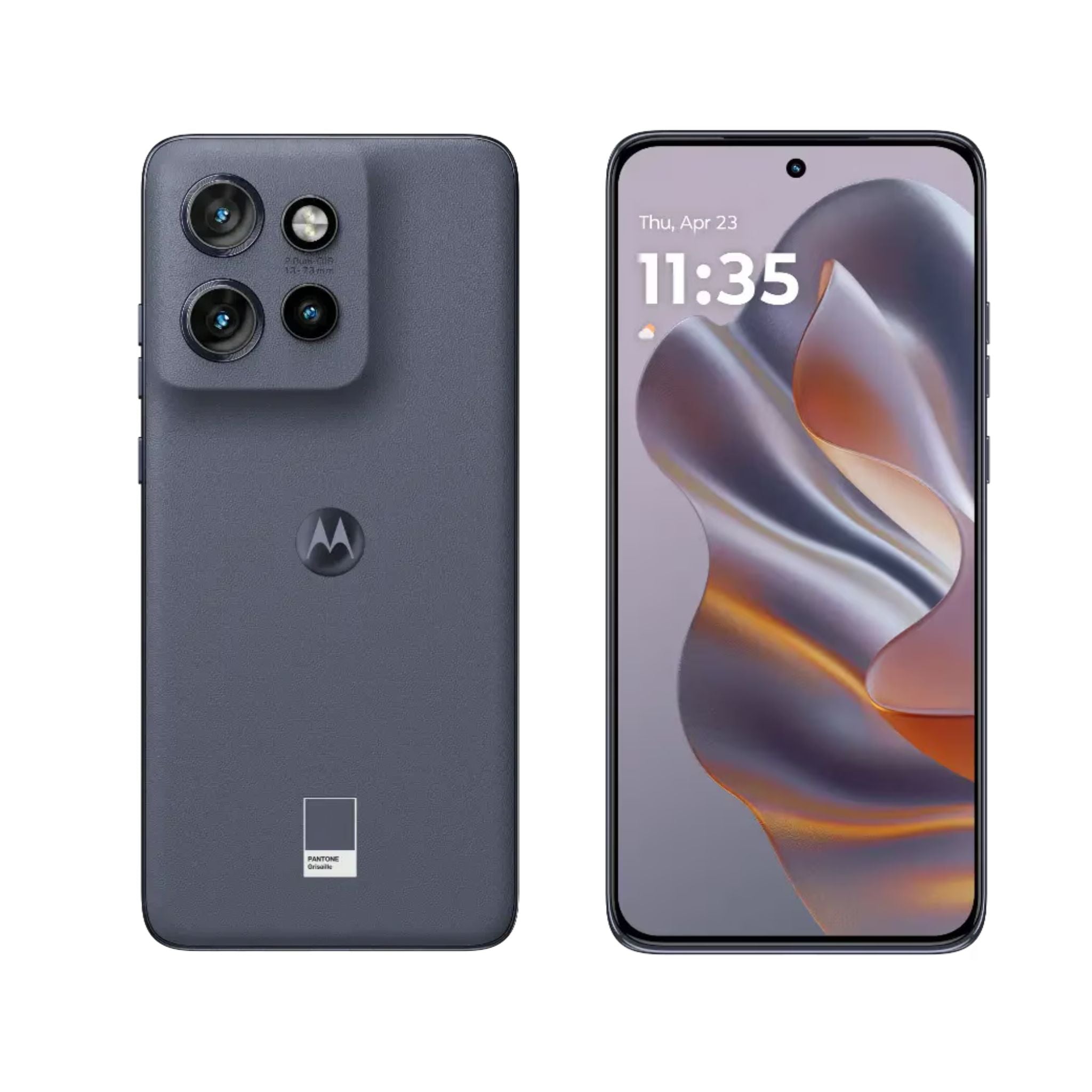 Motorola smartphone showing back and front views on a white background