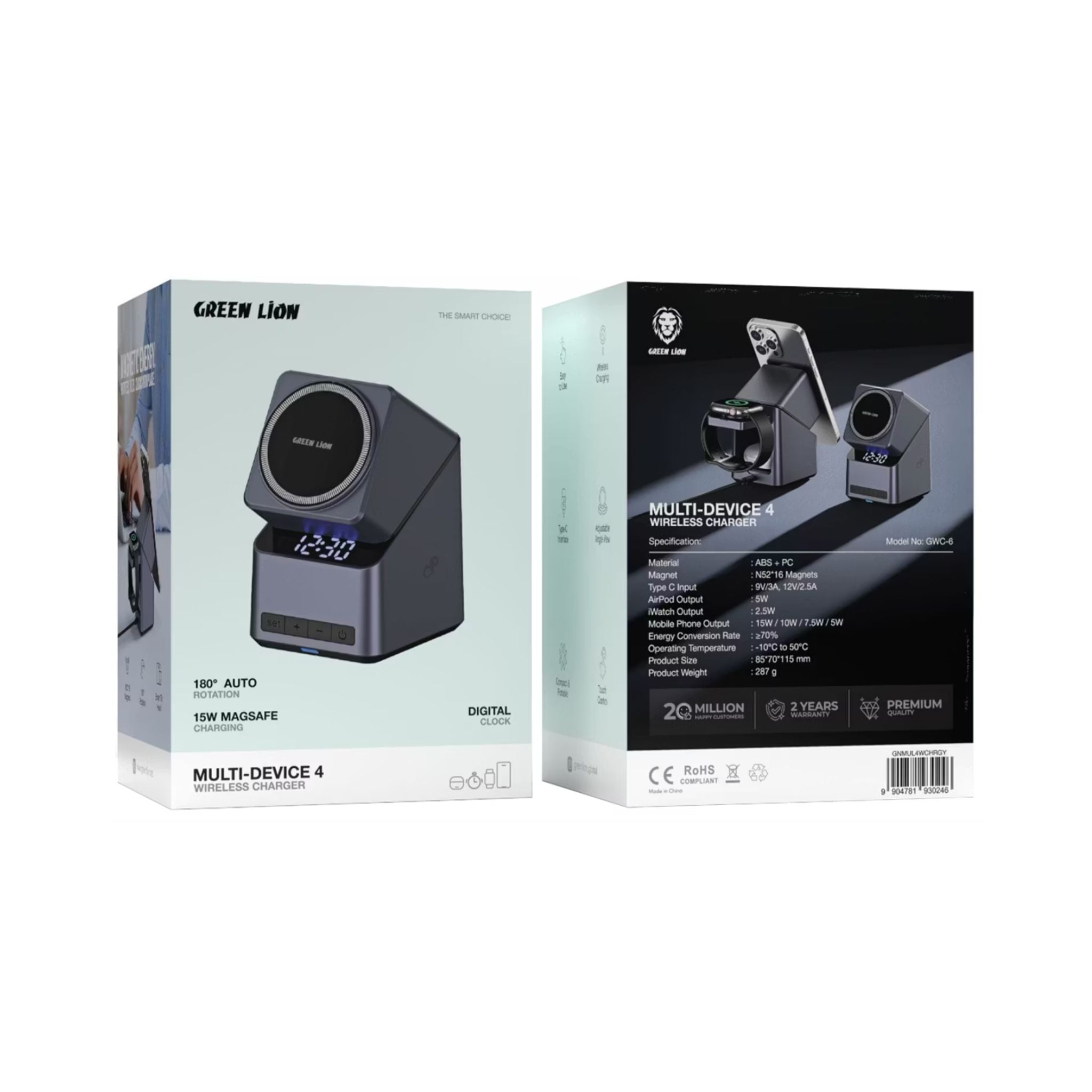 Green Lion 4-Device Multi Wireless Charger with Adjustable Viewing Angle, 15W Wireless Output, N52 Magnets, 180° Auto Rotation, Smart Tilt Head, Digital Clock - Gray