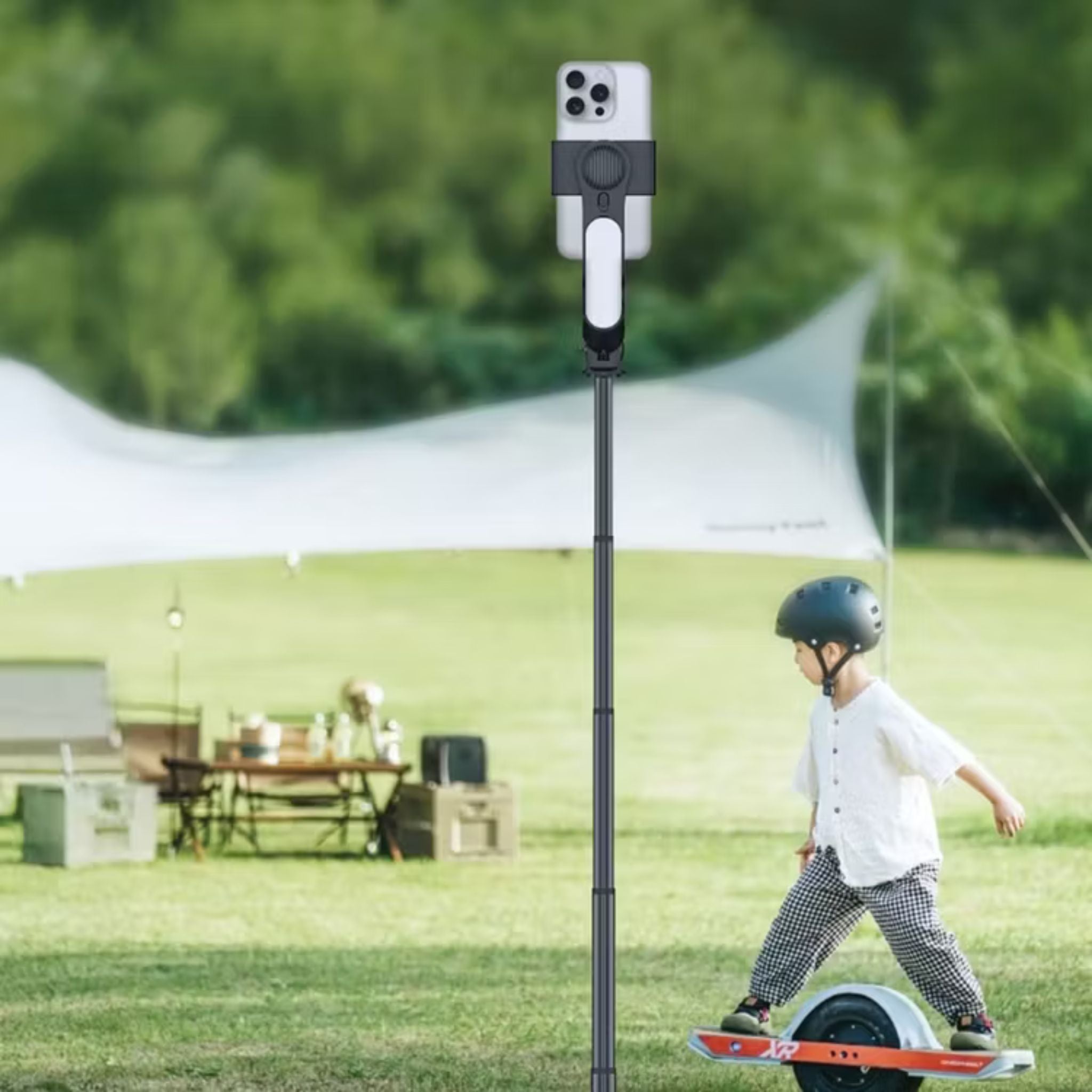 Porodo QuadBase Gimbal Stabilizer with Detachable Fill Light, 10.87 to 15.04cm Mount Holder Range, Anti-Shake, 79cm Extended Length, Remote Control - Black