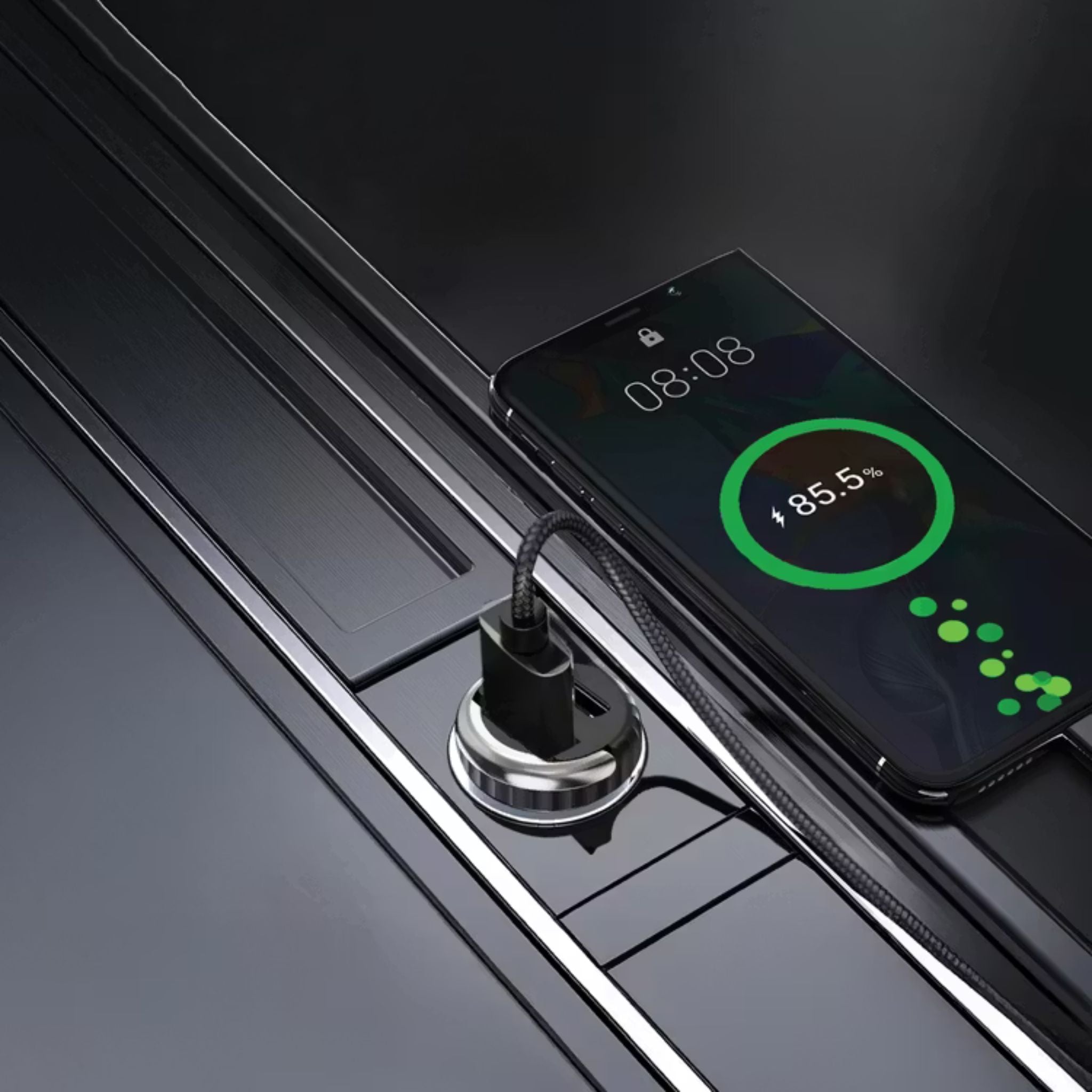 Porodo Dual Port Transparent Car Charger with USB-C to Lightning Cable, PD 36W, QC 18W, USB-A & USB-C Ports, Pull Ring Handle, Fast Charging Technology, Smart Charging Protocols, Universal Compatibility - Black