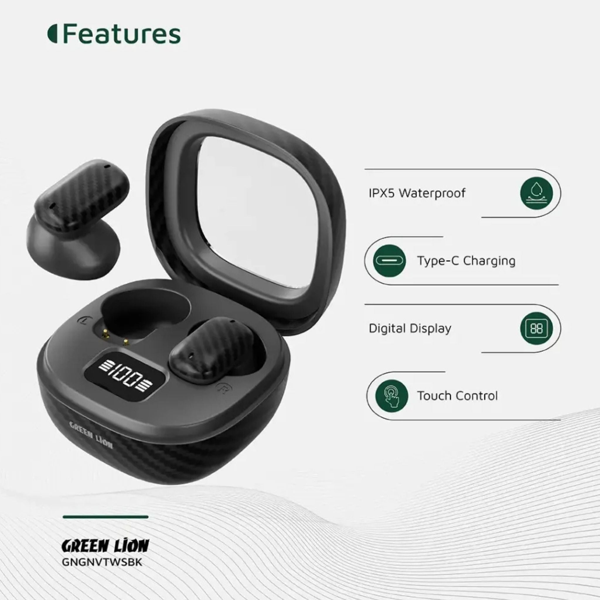 Green Lion Geneva True Wireless Earbuds with Dual Microphones, Up to 4 Hours Play Time, Bluetooth Version 5.4, 10m Transmission Range, USB-C Charging Port, Voice Assistant, Digital Display & Touch Controls, Up to 180 Days Standby Time - Black