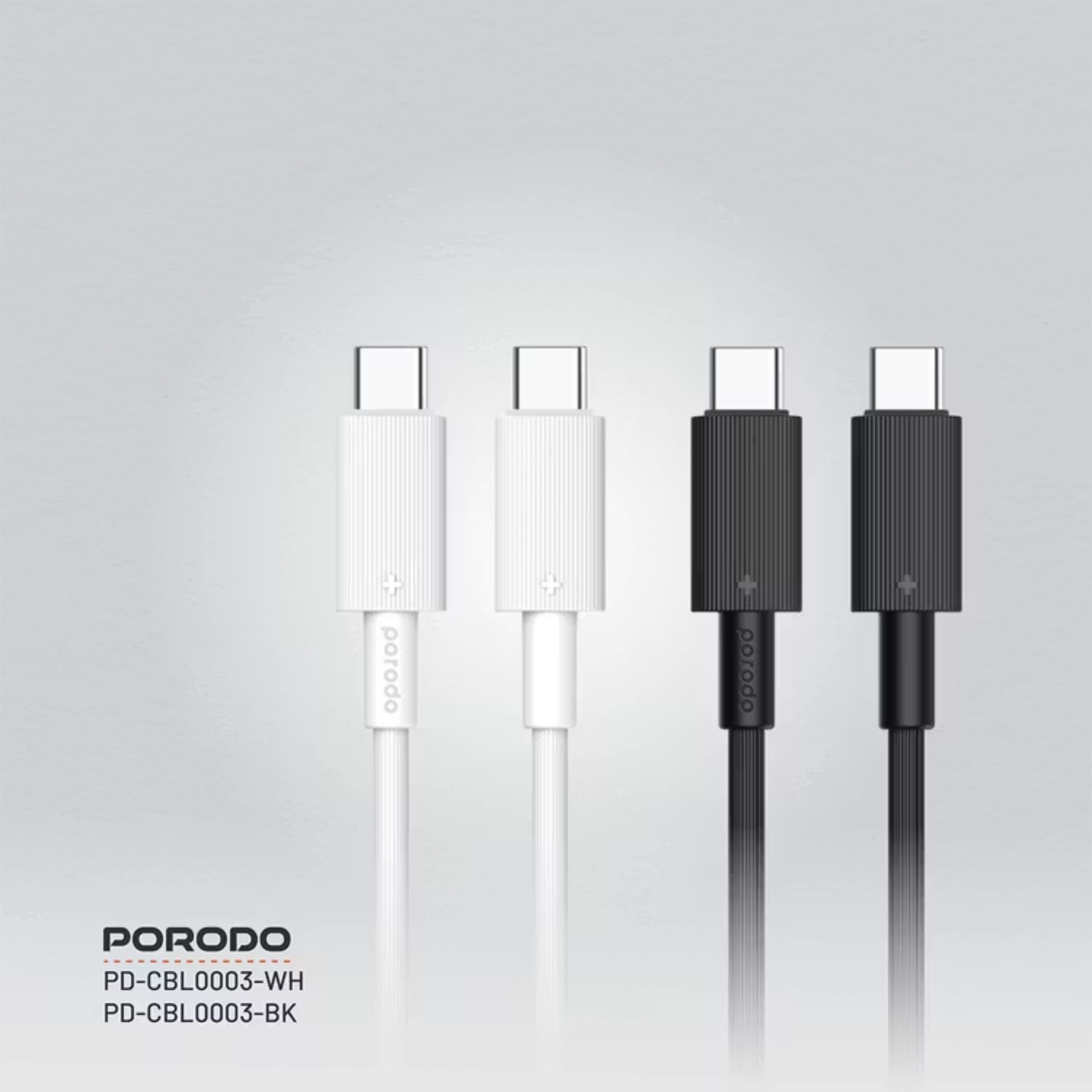 Porodo USB-C to USB-C PVC Cable, 480Mbps Transfer Speed, 60W Power Delivery, more than 15000 Bends Life Span, 1.2m Cable Length, Tangle Free - White