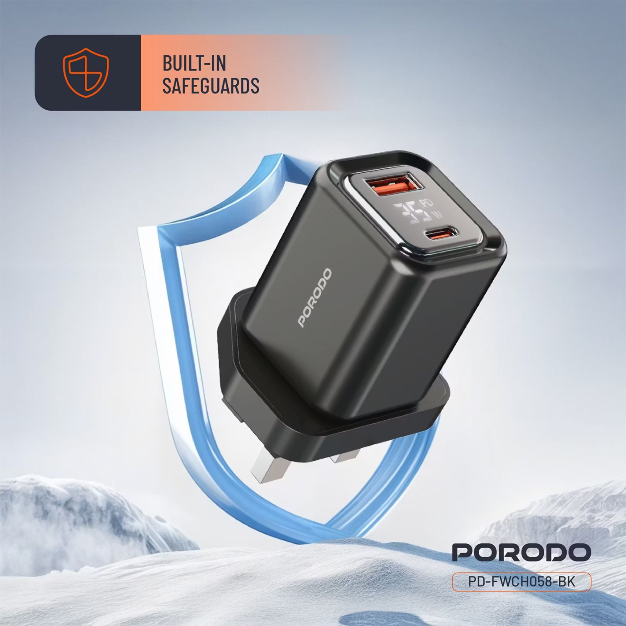 Porodo Dual-Port Quick Wall Charger with 35W Power Delivery, Built-in Safeguards, Digital Display, 0.8A Maximum Rated Current, GaN Technology - Black