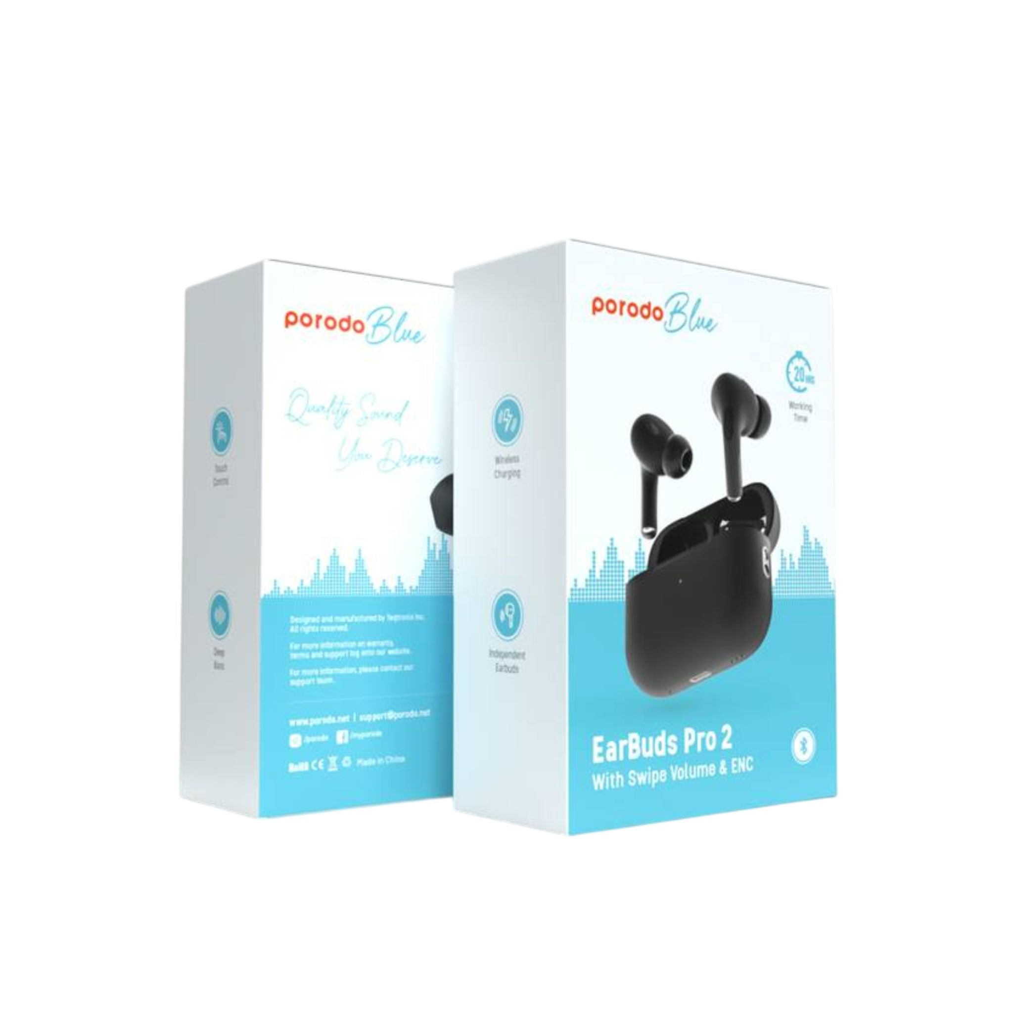 Porodo Blue Earbuds Pro 2 With Swipe Volume, 20 Hours Working Time, Wireless Charging, Deep Bass, Independent Earbuds, Touch Control - Black
